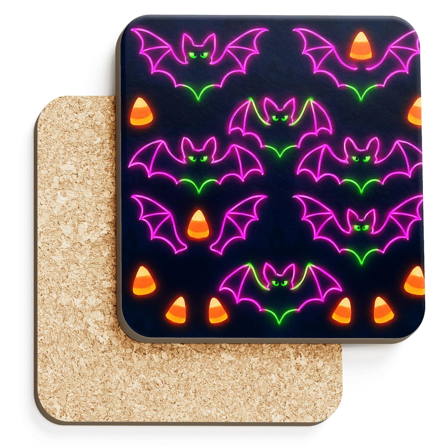 Neon Carnival Bat Mirror Grid On Deep Navy Night cork coaster sets