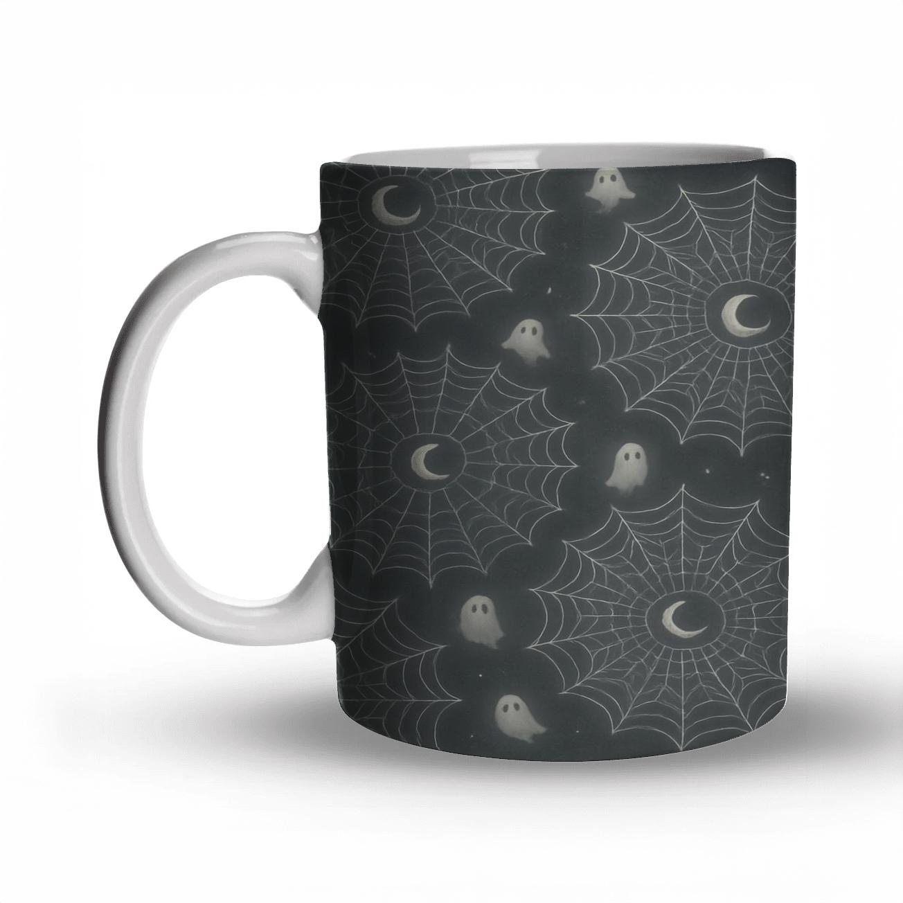 Spectral Cobweb Moonburst Mandalas On Moonlit Grey Background ceramic coffee mugs