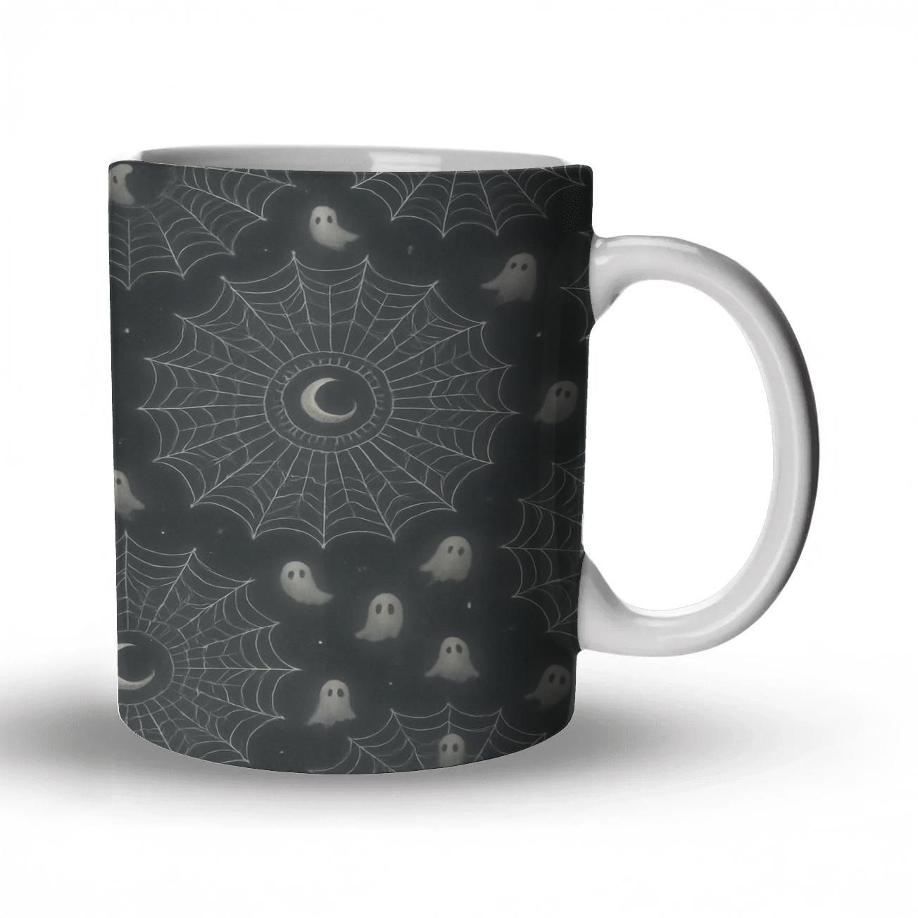 Spectral Cobweb Moonburst Mandalas On Moonlit Grey Background ceramic coffee mugs