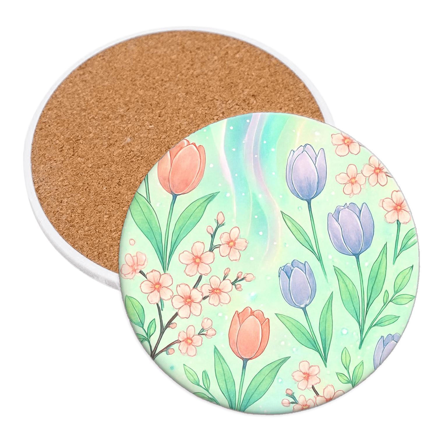Spring Aurora Rain Garden cork coaster sets