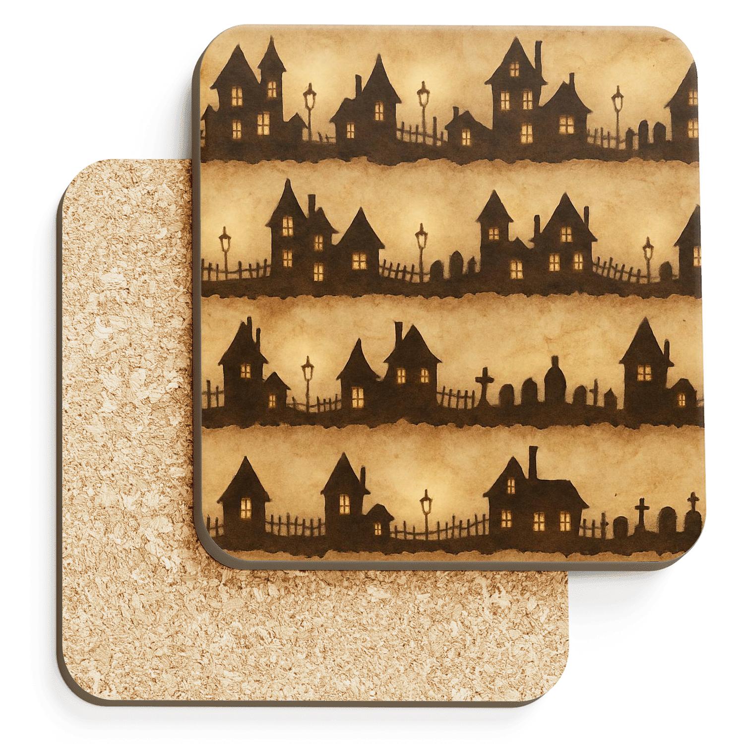 Sepia Parchment Haunted Horizon Bands cork coaster sets