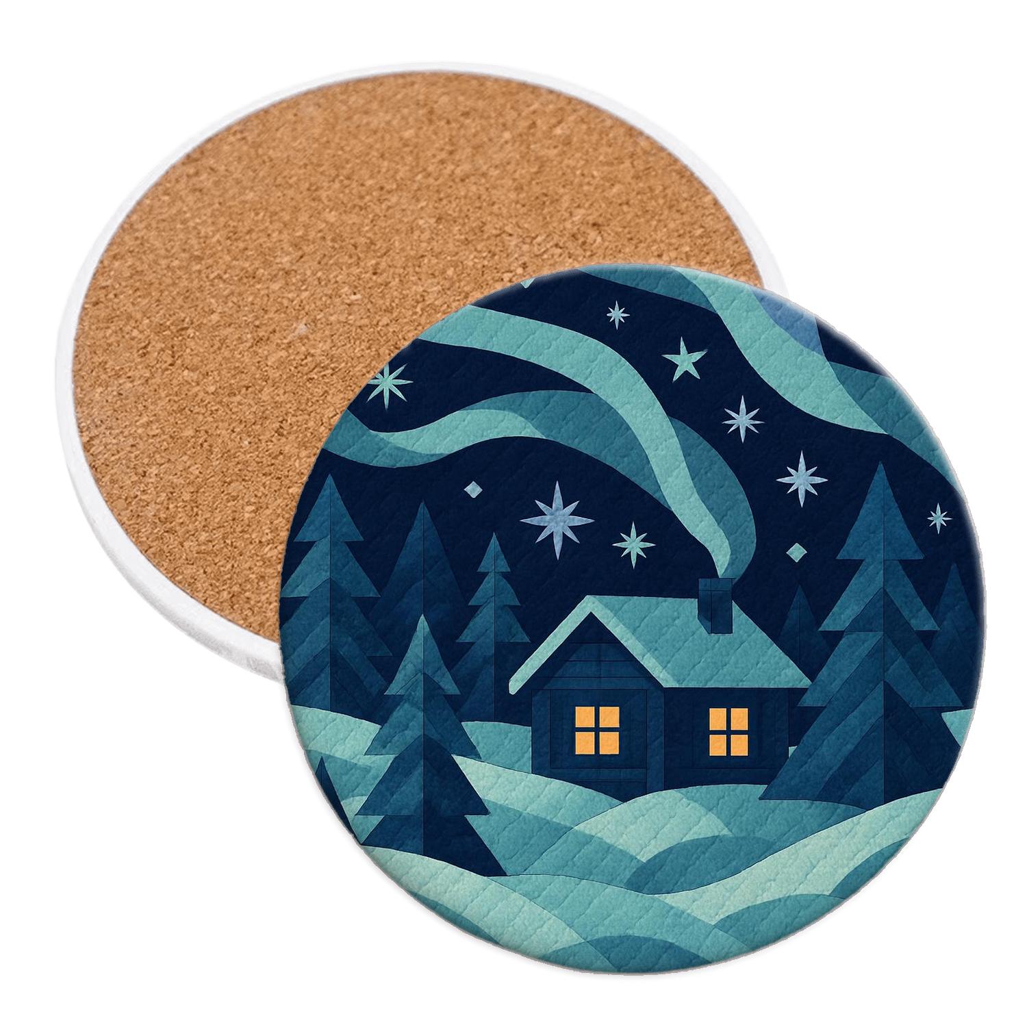 Winter Aurora Cabin Quilt personalized drink coasters