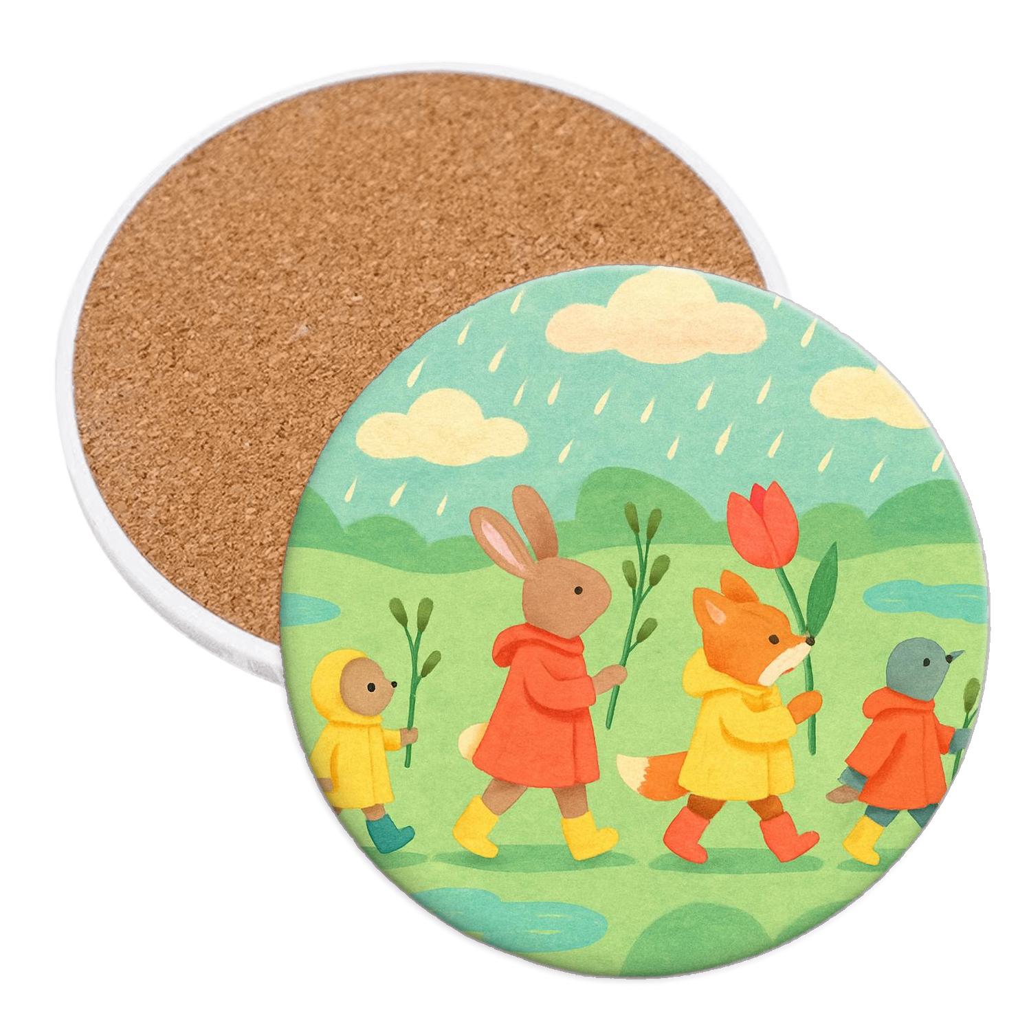 Spring Rainy Day Meadow Parade decorative beverage coasters
