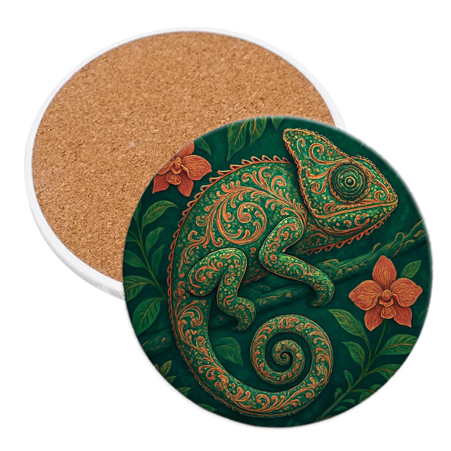Kaleidoscope Rainforest Chameleon Brocade personalized drink coasters