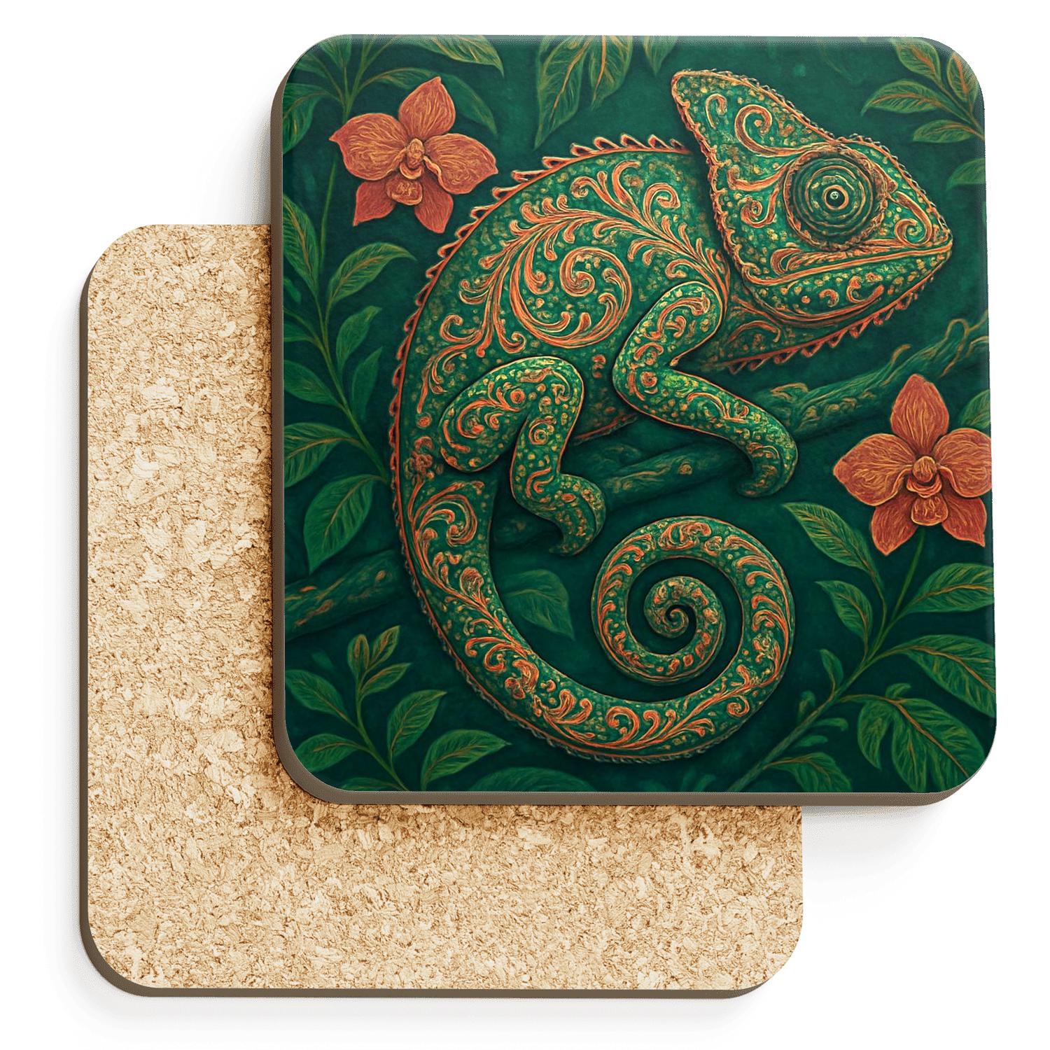 Kaleidoscope Rainforest Chameleon Brocade decorative beverage coasters