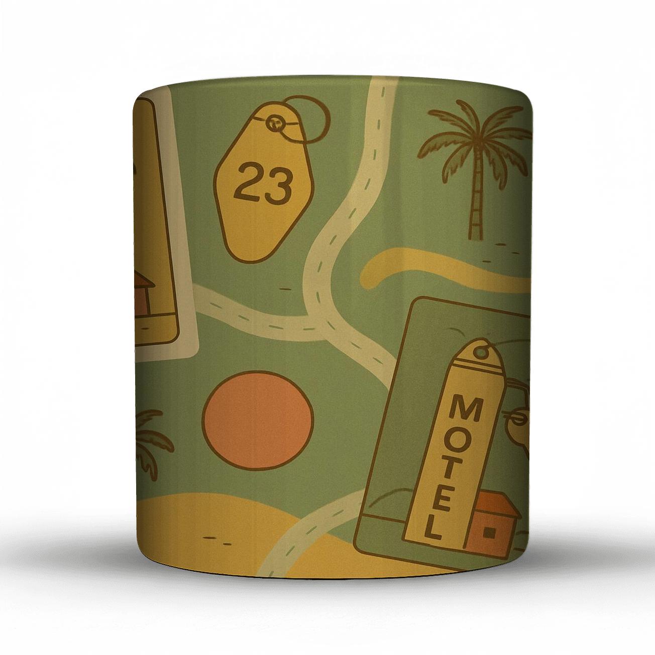 Sunbaked Motel Postcard Pattern travel mugs with handles