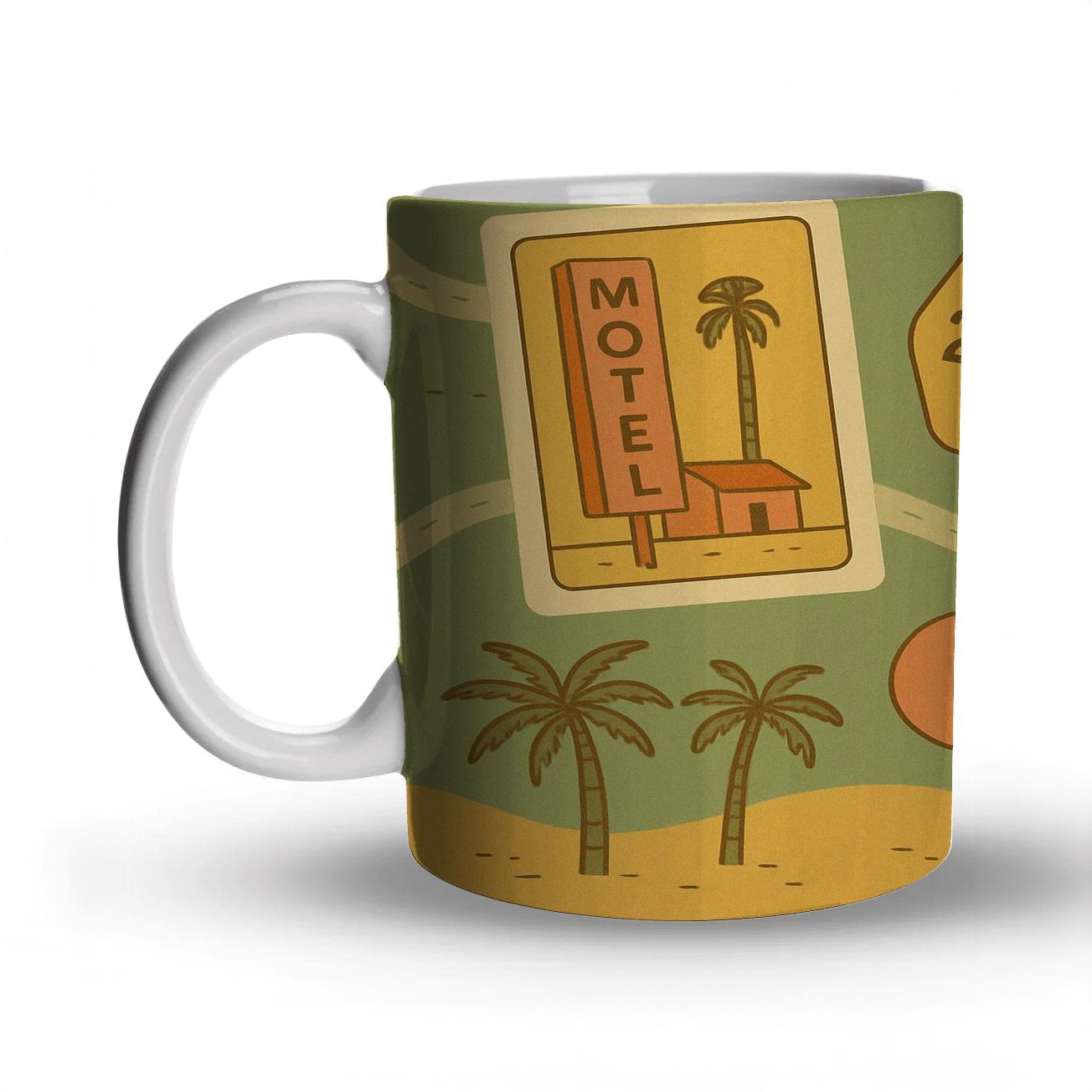Sunbaked Motel Postcard Pattern travel mugs with handles