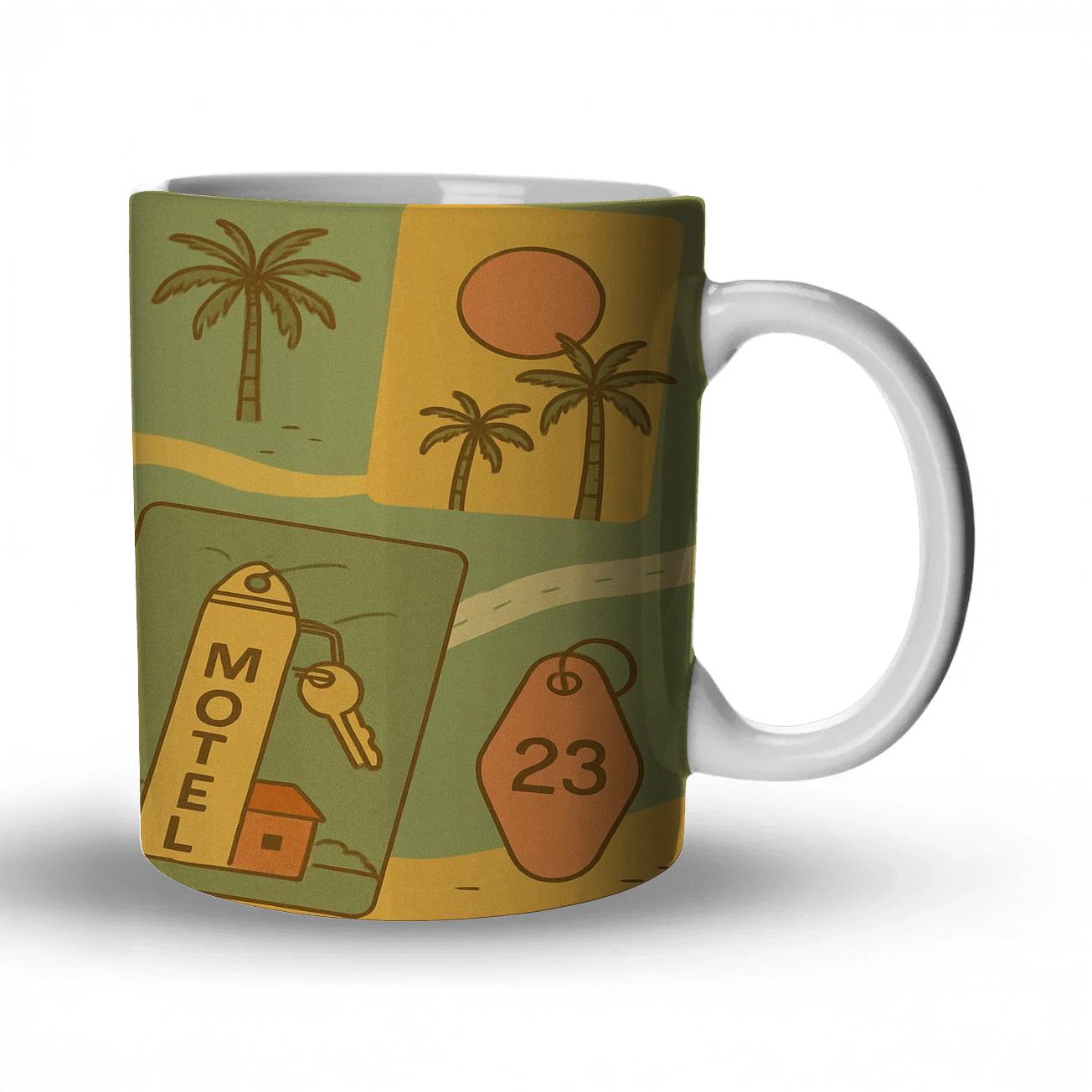 Sunbaked Motel Postcard Pattern travel mugs with handles