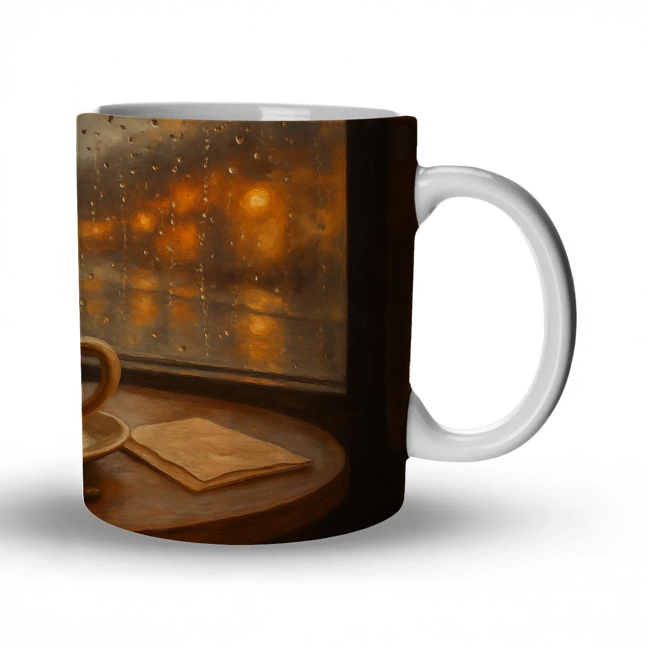 Cafe Window Rainy Afternoon Still Life premium drinkware mugs