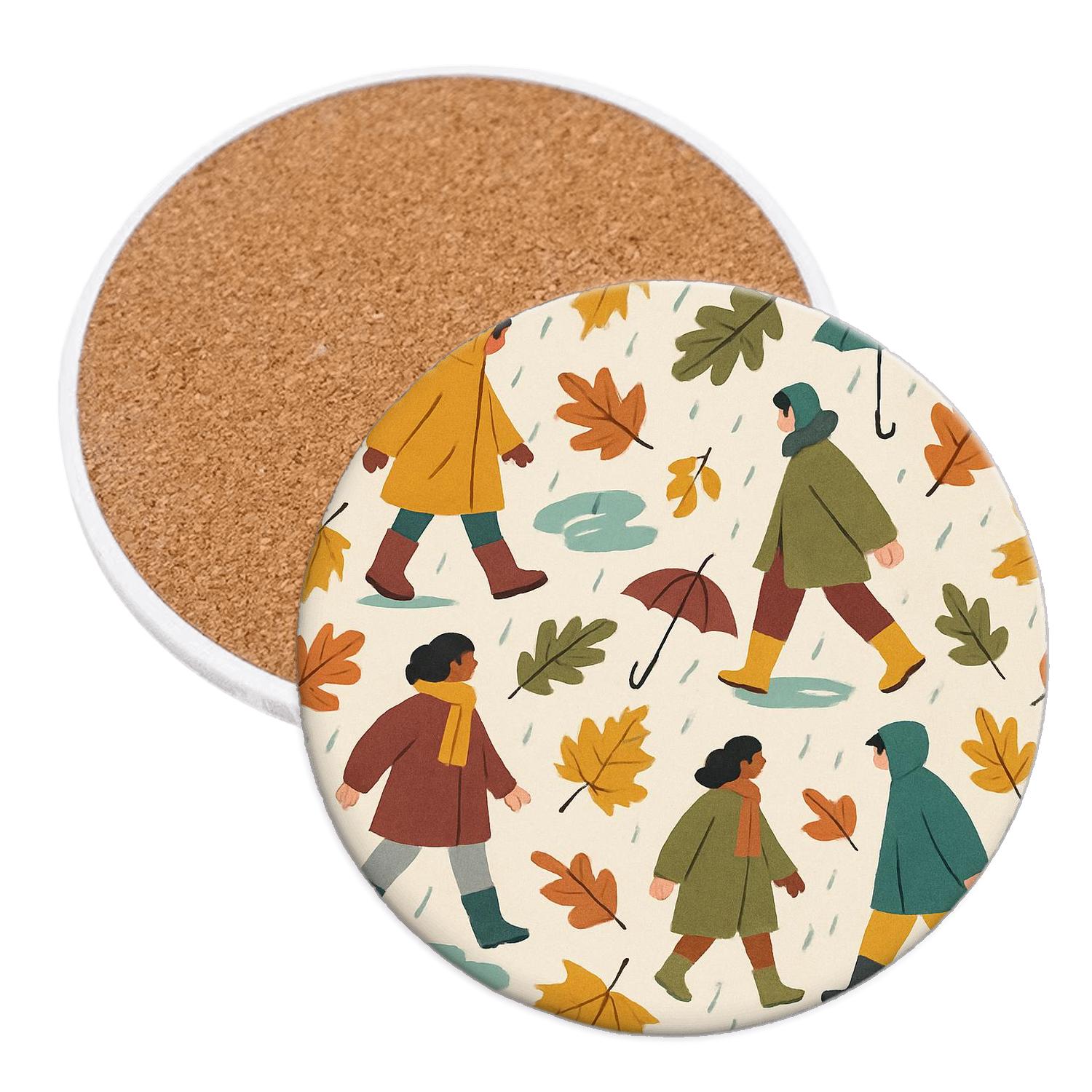 Autumn Raincoat Parade personalized drink coasters