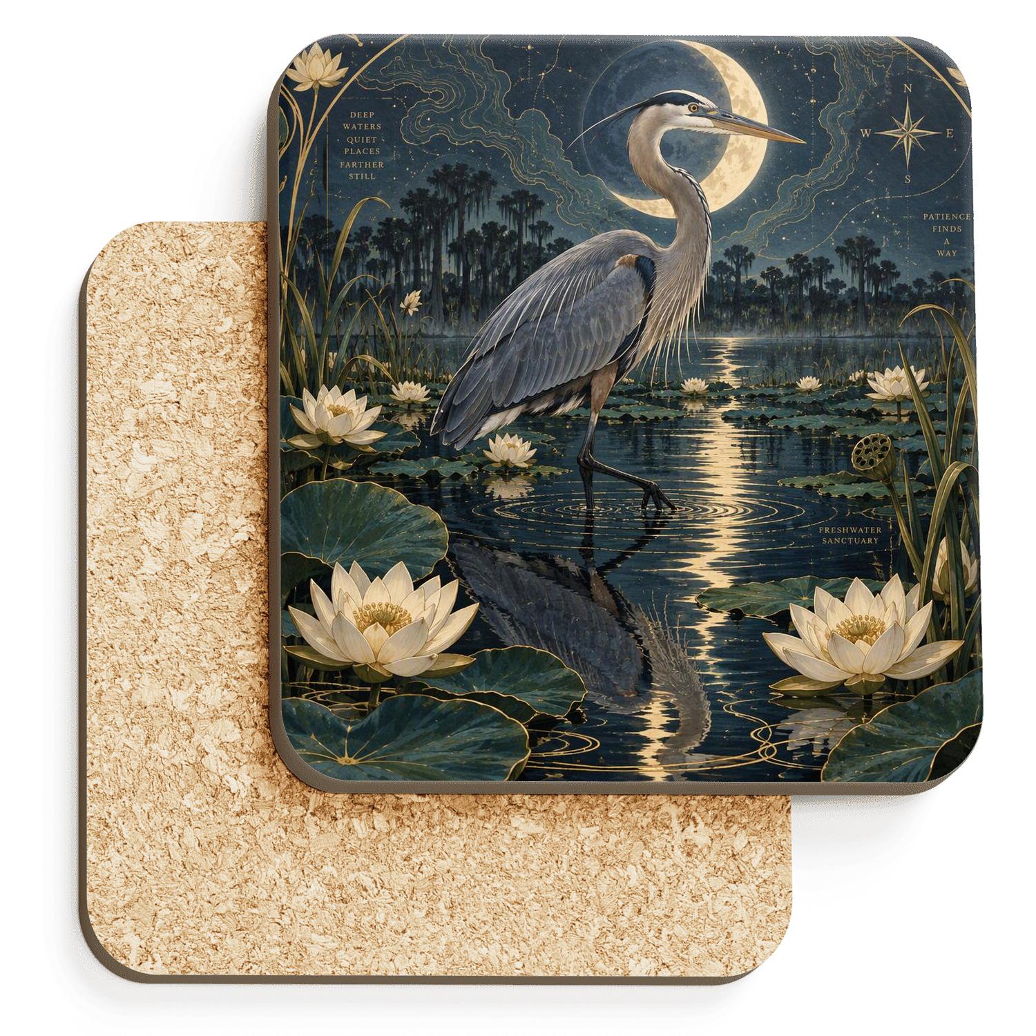 Midnight Heron Lotus Cartography coasters for home decor [AI-d1c69dc4-55d7874050f6]