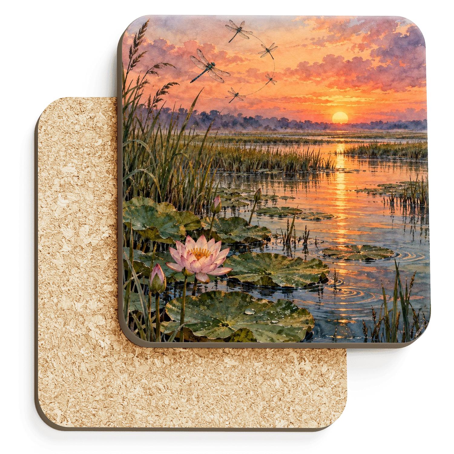 Late Summer Dragonfly Sundown Marsh coasters for home decor [AI-bc7e1401-99b47f01f241]