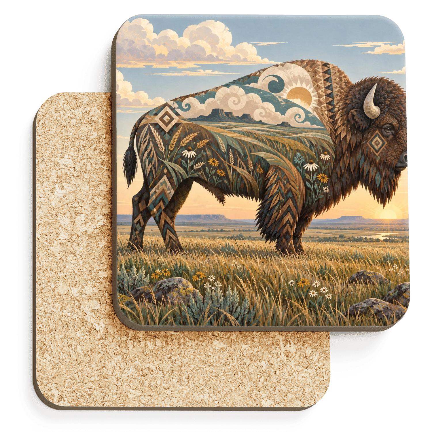 Opal Prairie Bison Labyrinth wooden table coasters [AI-6c67910e-9eb96a82424c]