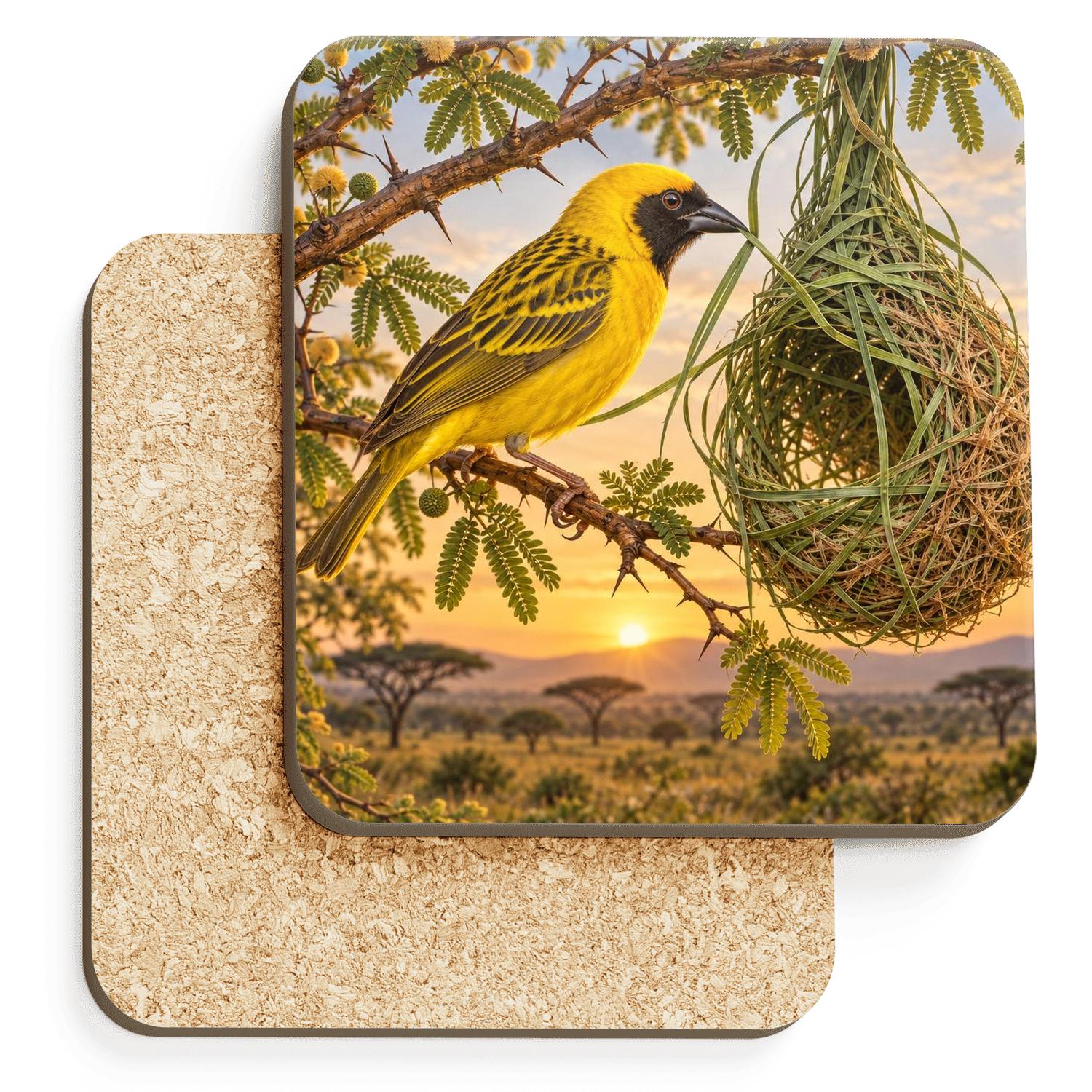 Golden Weaver Bird Sun Basket personalized drink coasters [AI-af489418-16cc07d936e5]