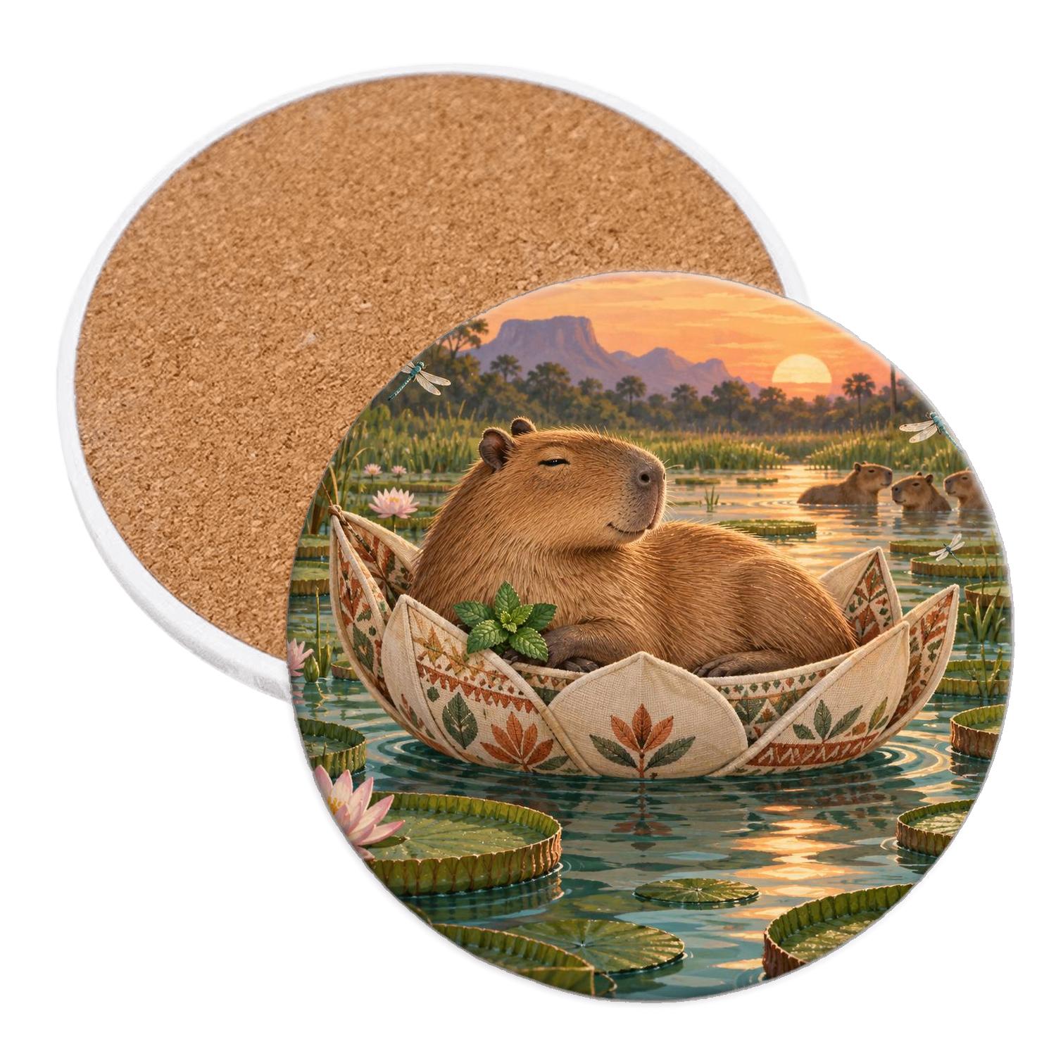 Cinnamon Capybara Lotus Hammock cork coaster sets [AI-6e44c050-712b9b033209]