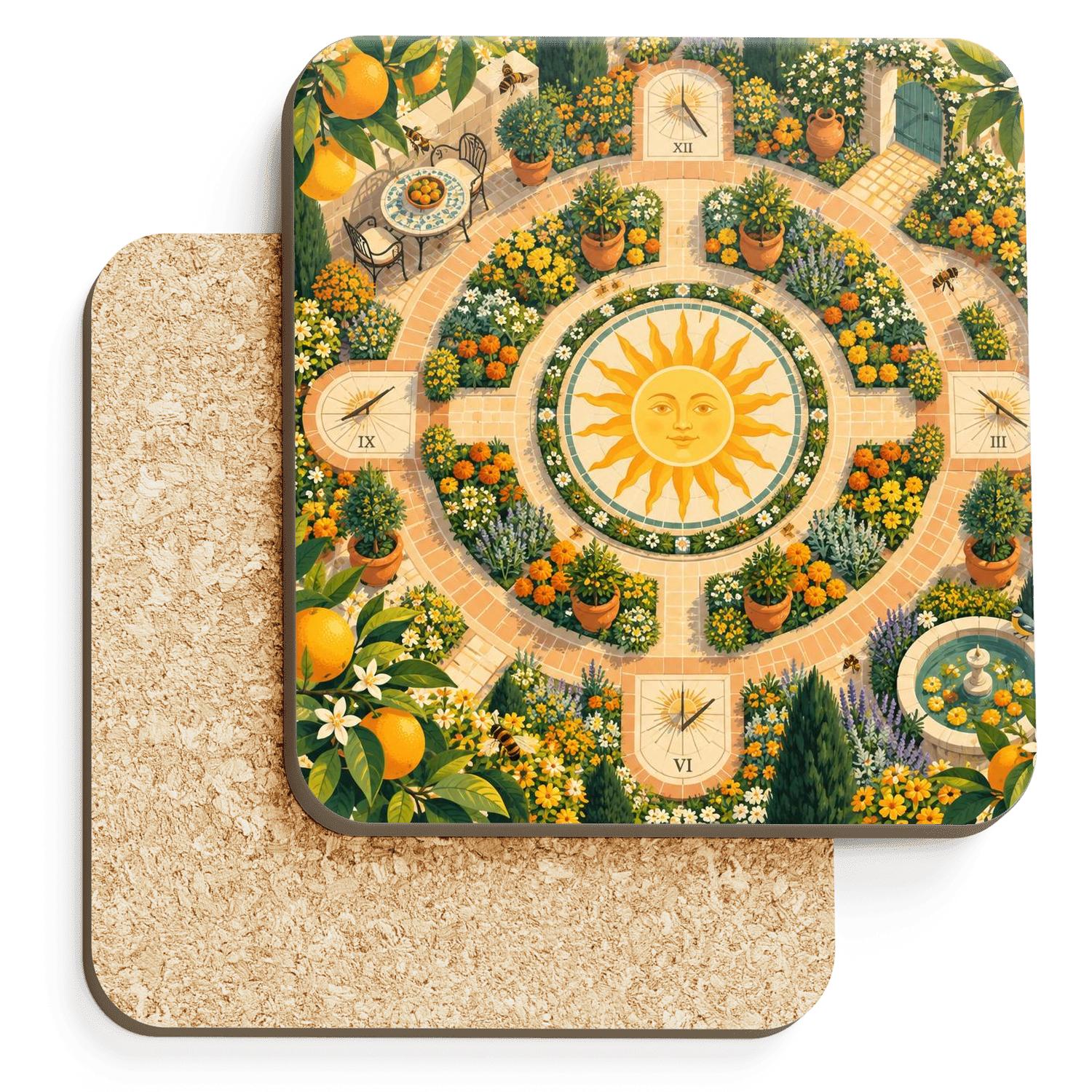 Summer Solstice Apricot Sundial Garden personalized drink coasters [AI-b44659c2-bad7e54c019c]