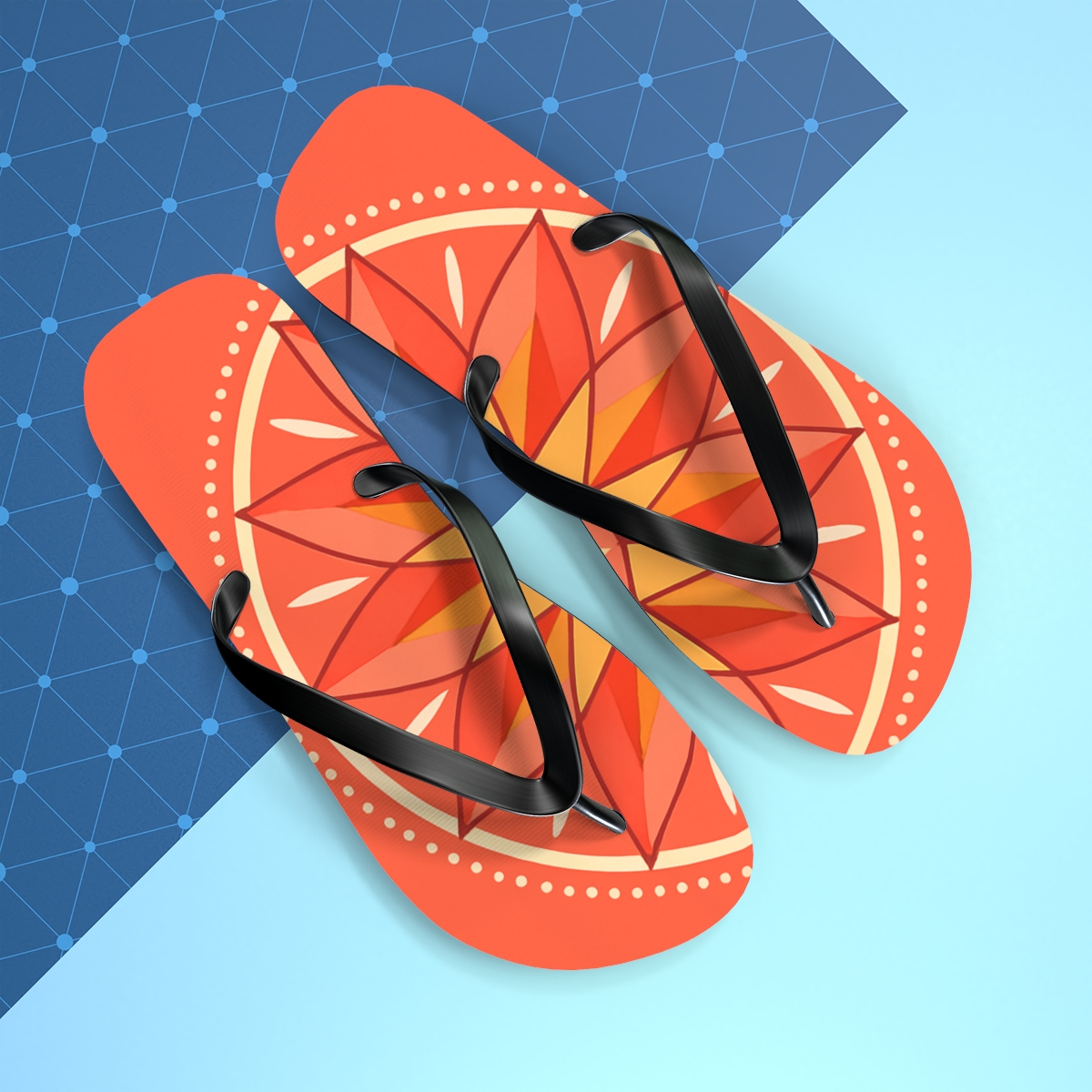 Coral Prism Sunwheel Medallion unique graphic flip flops