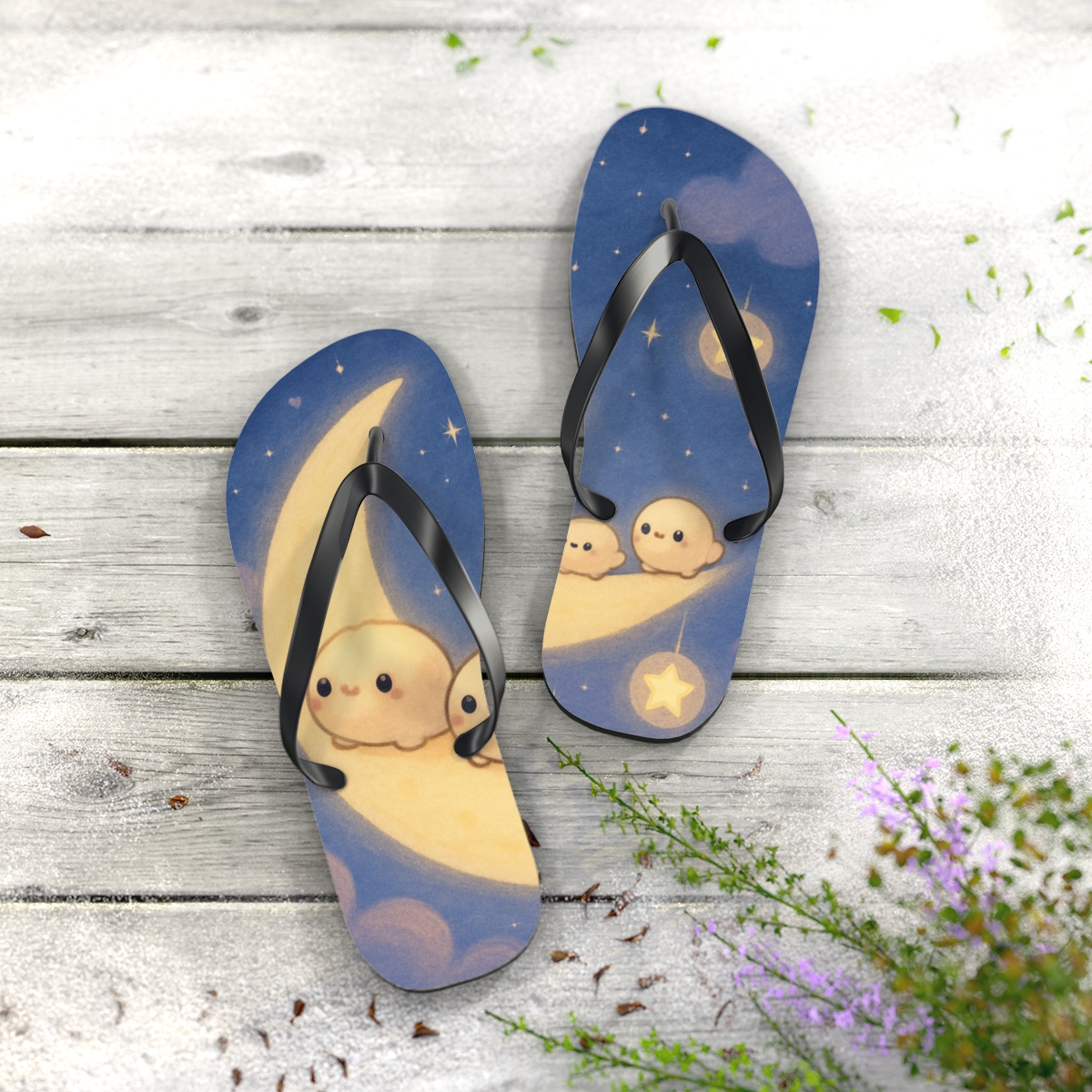 Sleepy Moon Dumpling Parade personalized beach flip flops