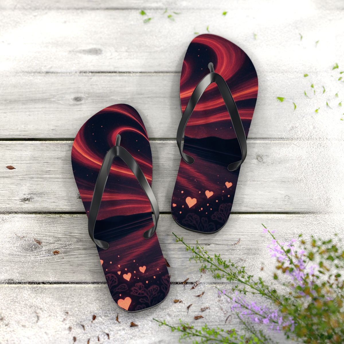 Valentine Aurora Ribbon Night personalized beach flip flops