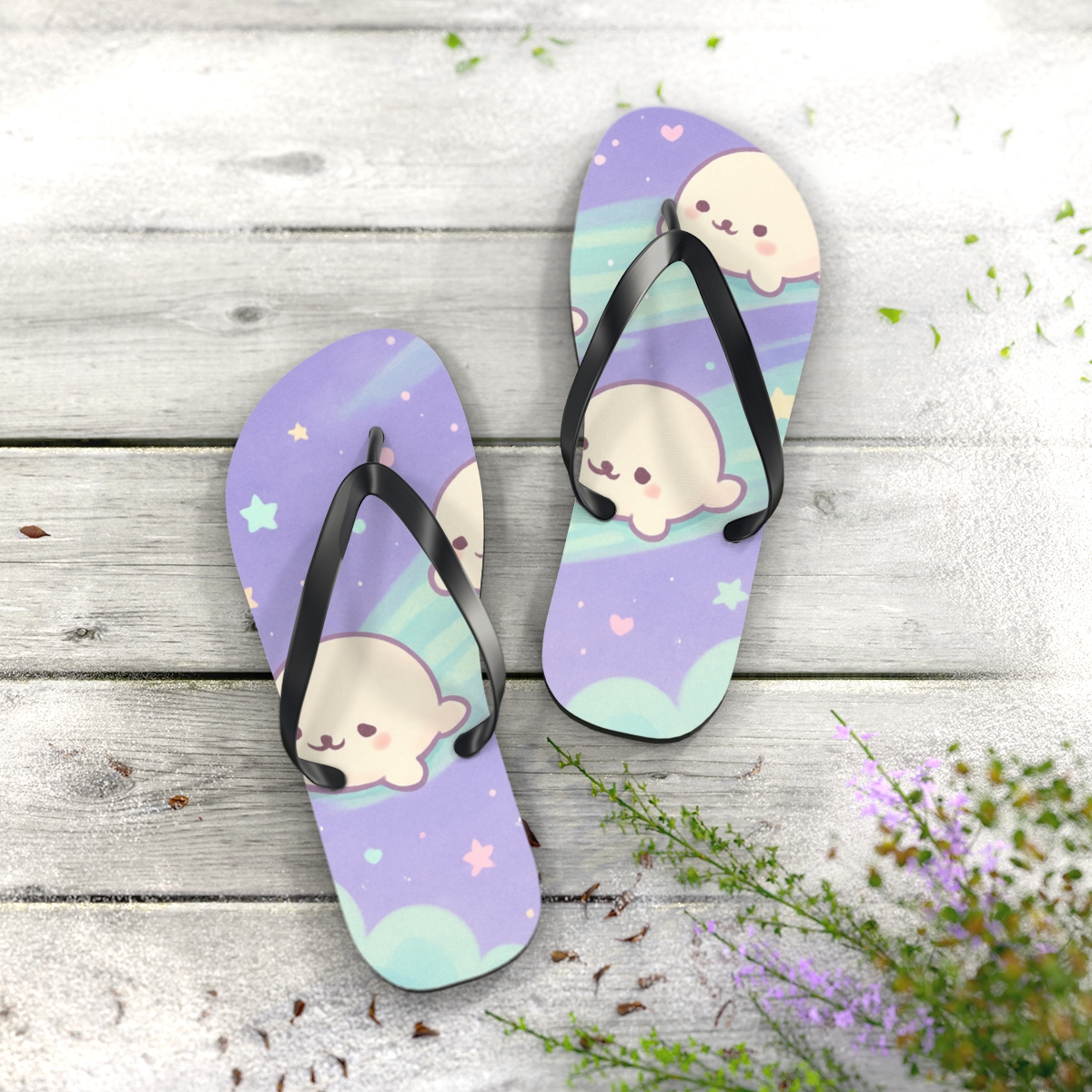 Sleepy Comet Seal Parade custom flip flops