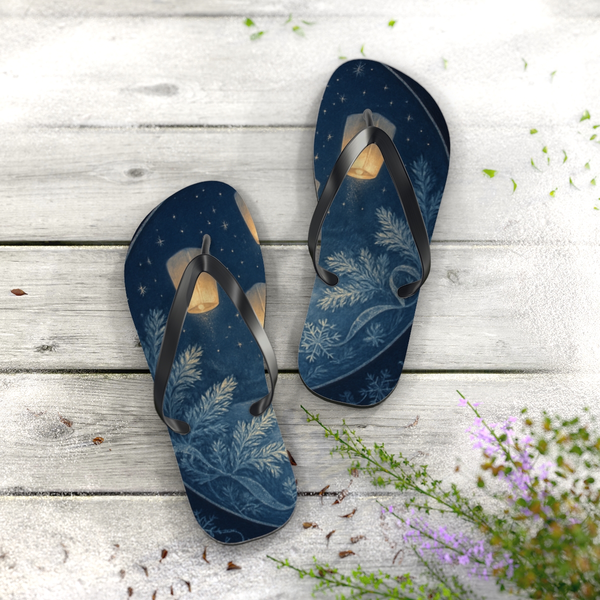 Frost Solstice Lantern Drift custom flip flops