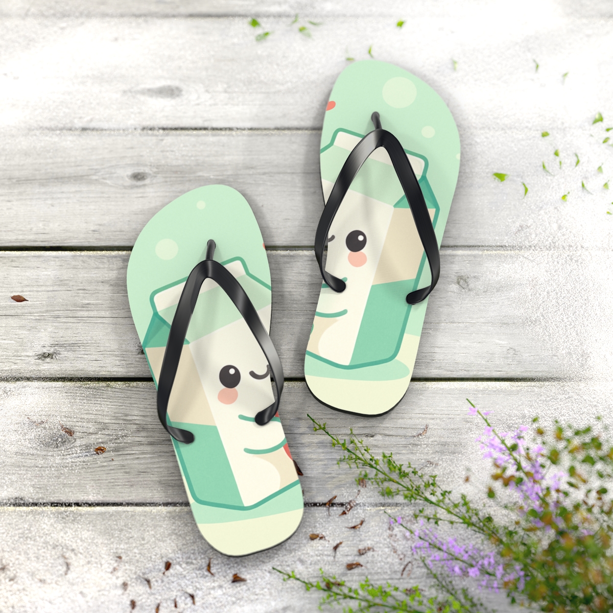 Mint Strawberry Milk Carton Buddies trendy printed flip flops