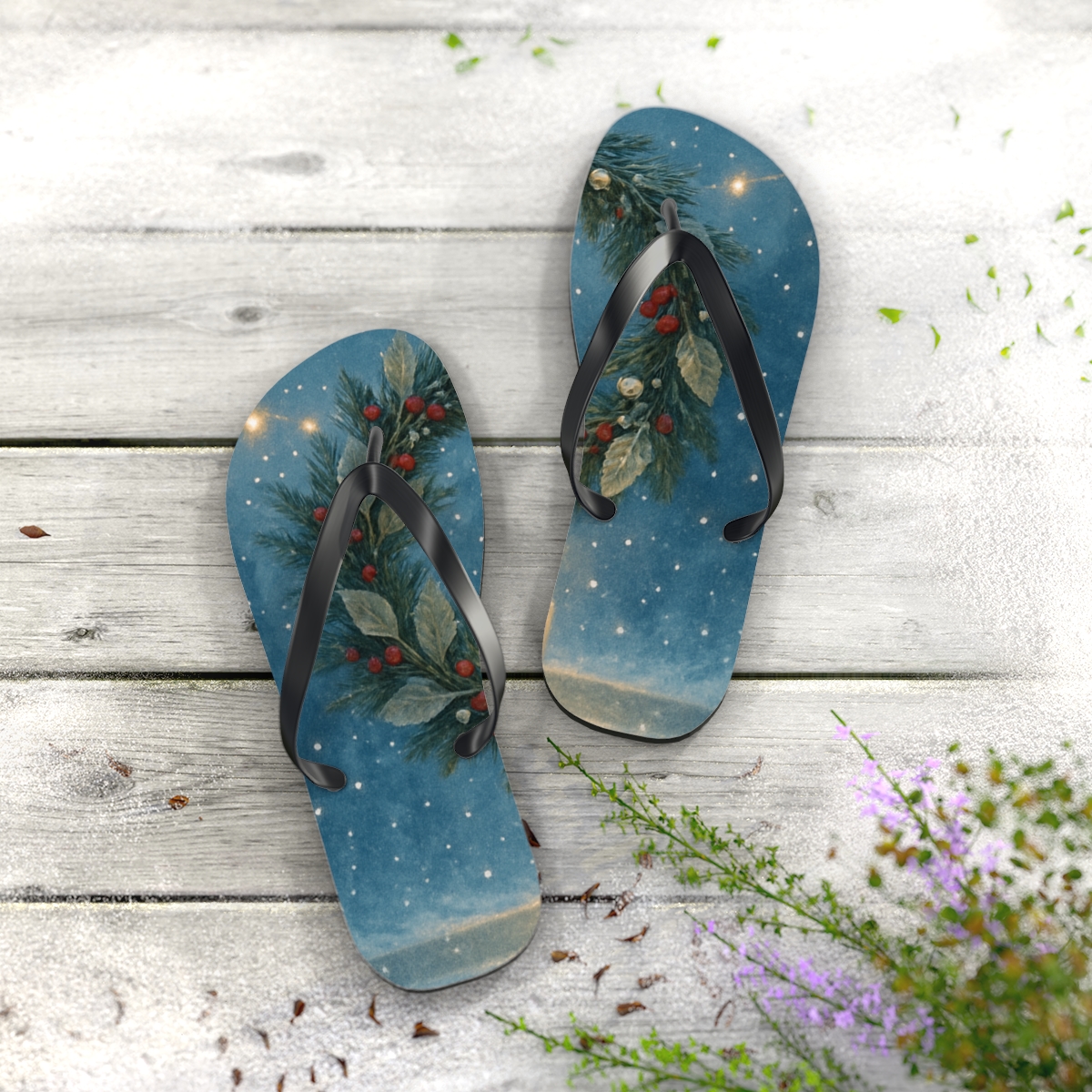 Lanternlit Winter Solstice Wreath custom flip flops
