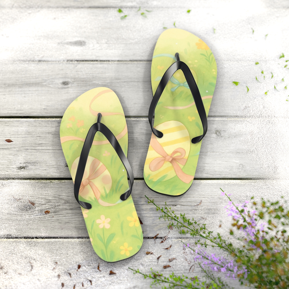 Spring Ribbon Egg Meadow designer logo flip flops