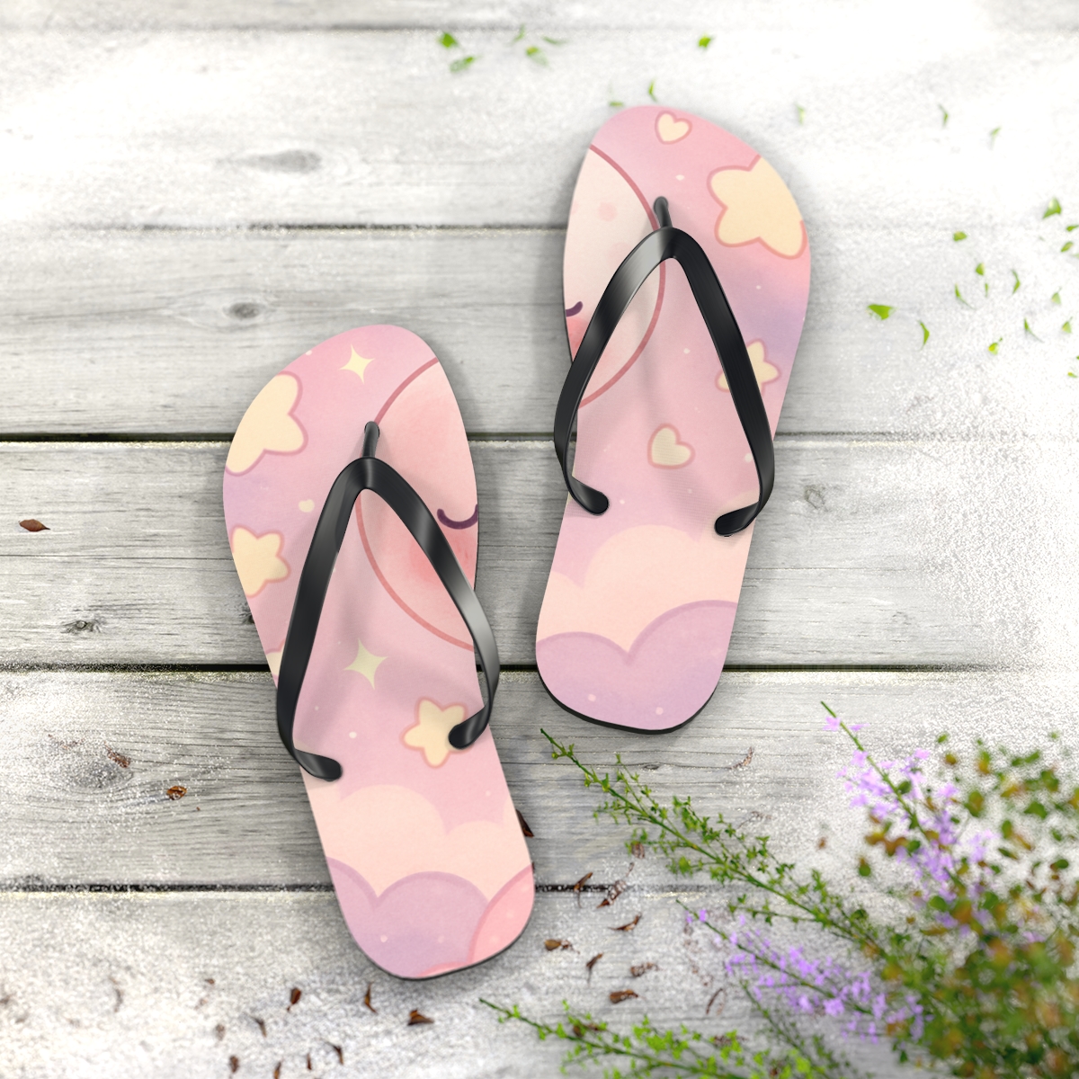 Sleepy Strawberry Milk Moon designer logo flip flops