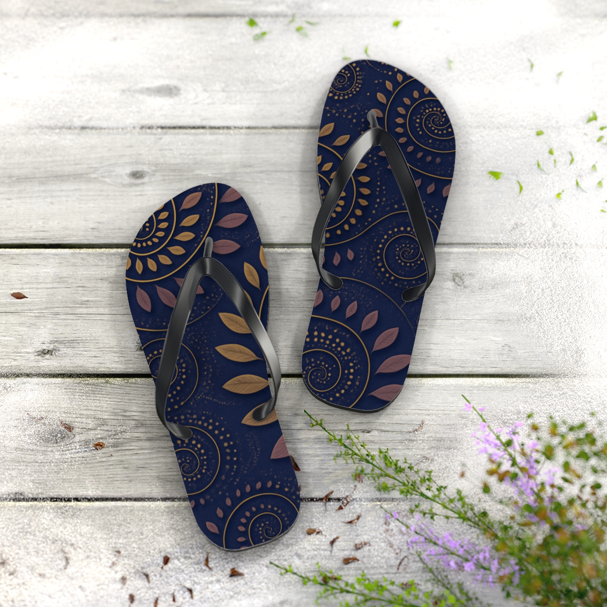 Spiral Petal Mosaic personalized beach flip flops