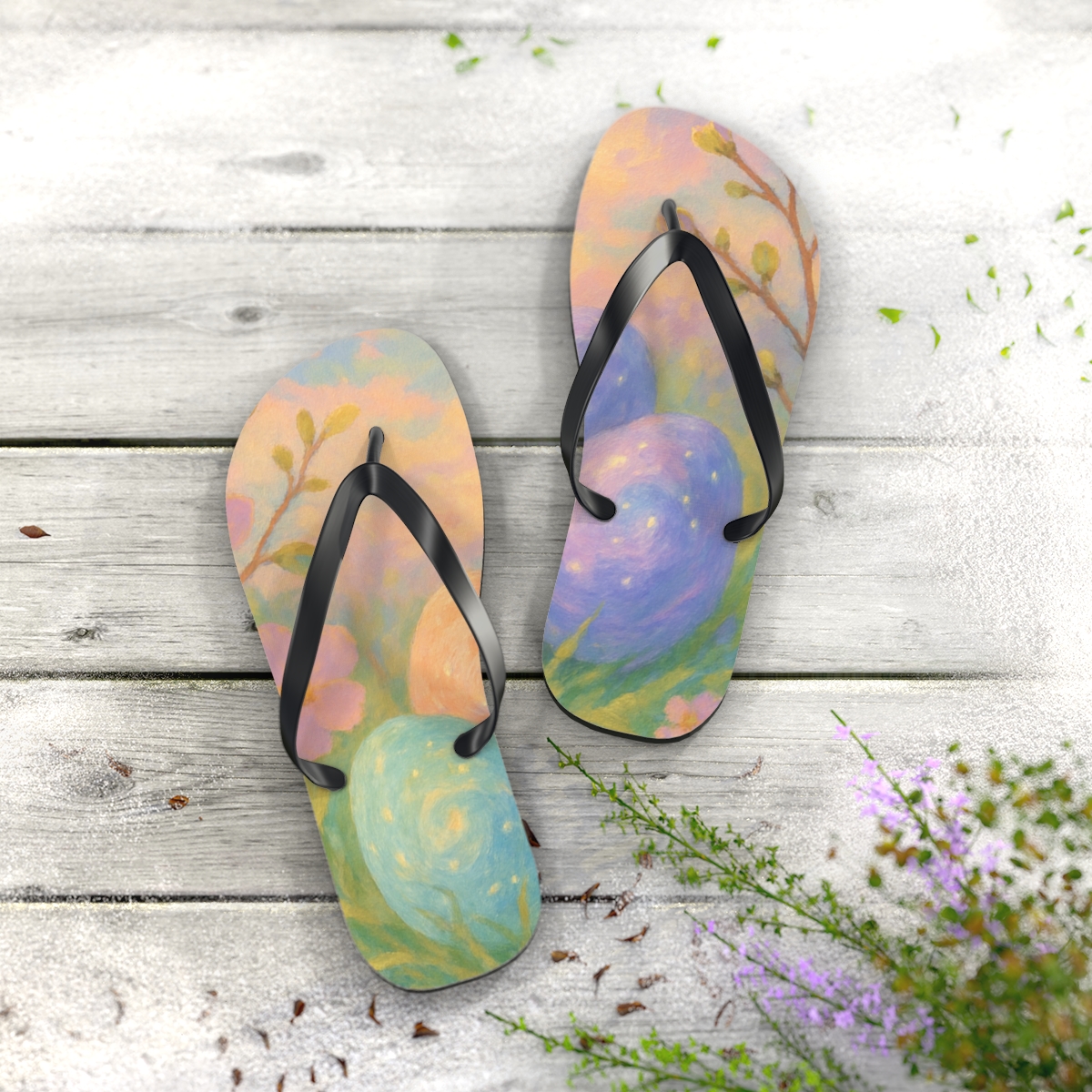 Spring Egg Nebula Bloom colorful rubber flip flops