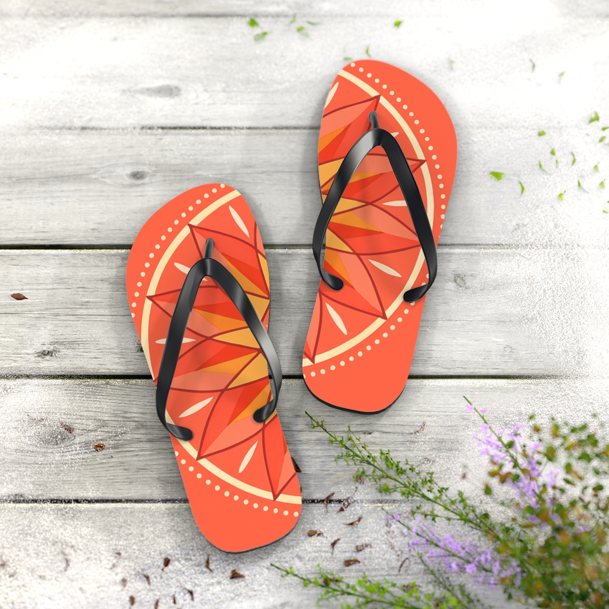 Coral Prism Sunwheel Medallion unique graphic flip flops