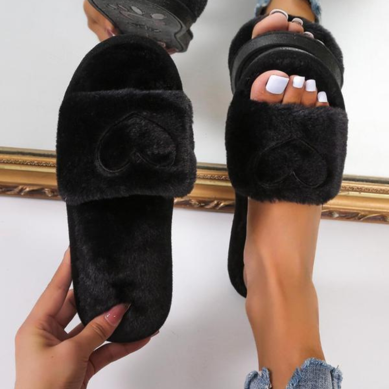 Womens Embroidered Fuzzy Flat Slipper Soft Plush Lining Bedroom Slippers