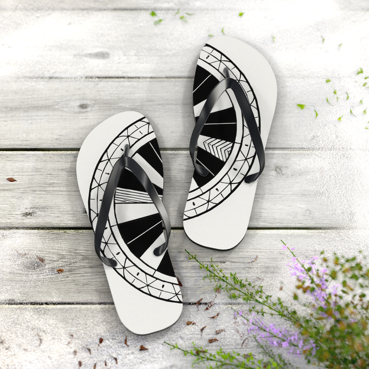 Monochrome Petal Matrix Disc personalized beach flip flops