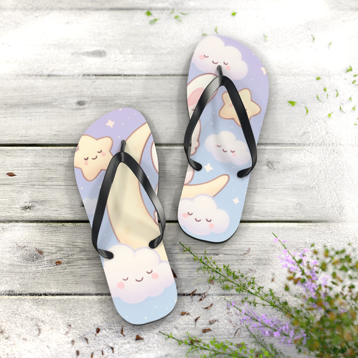 Pastel Moon Bunny Dreams designer logo flip flops