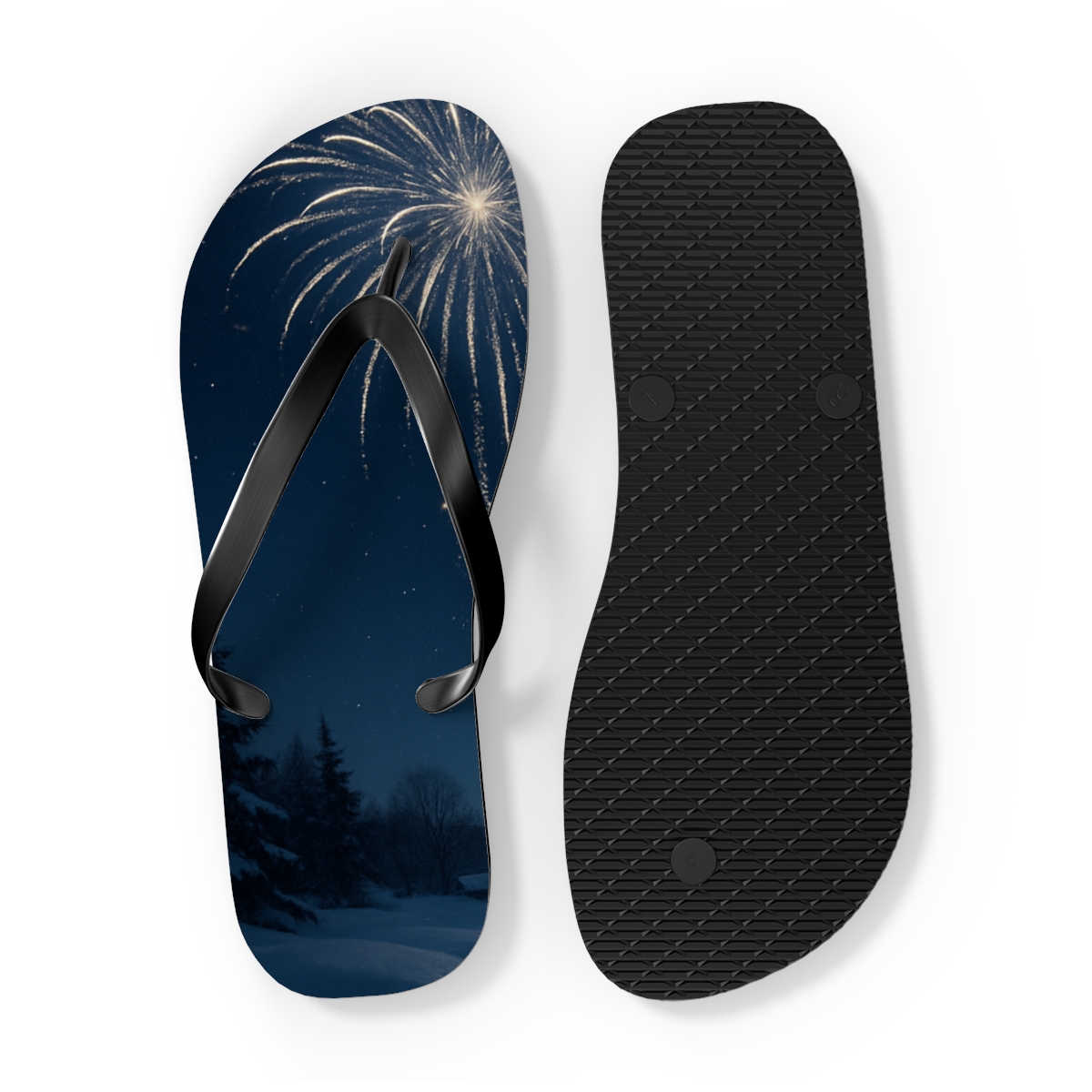 Snowlit Midnight Fireworks personalized beach flip flops