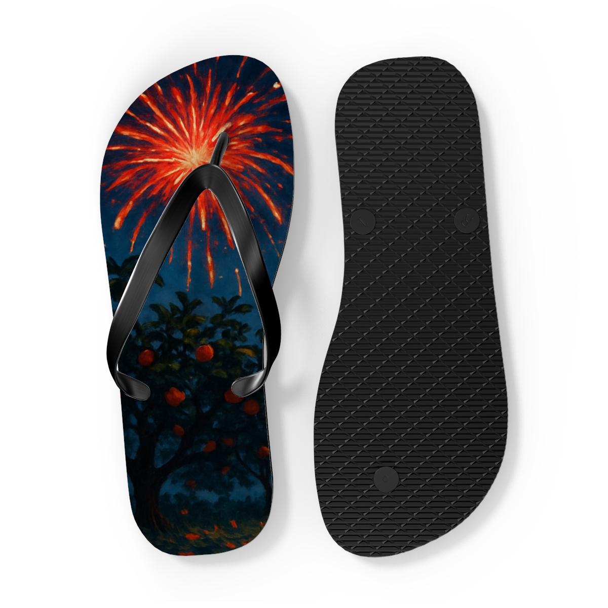 Midsummer Fireworks Orchard colorful rubber flip flops