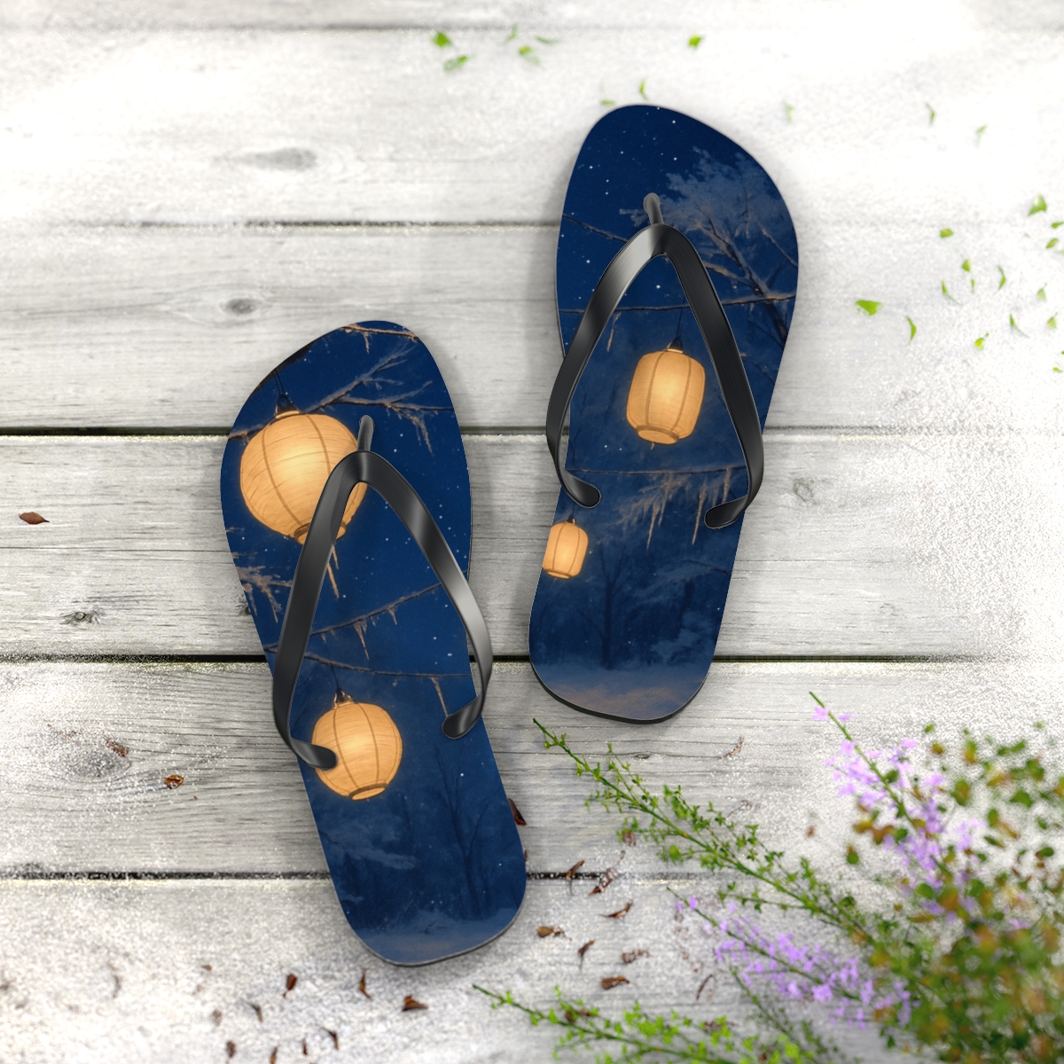 Winter Lantern Starry Eve designer logo flip flops