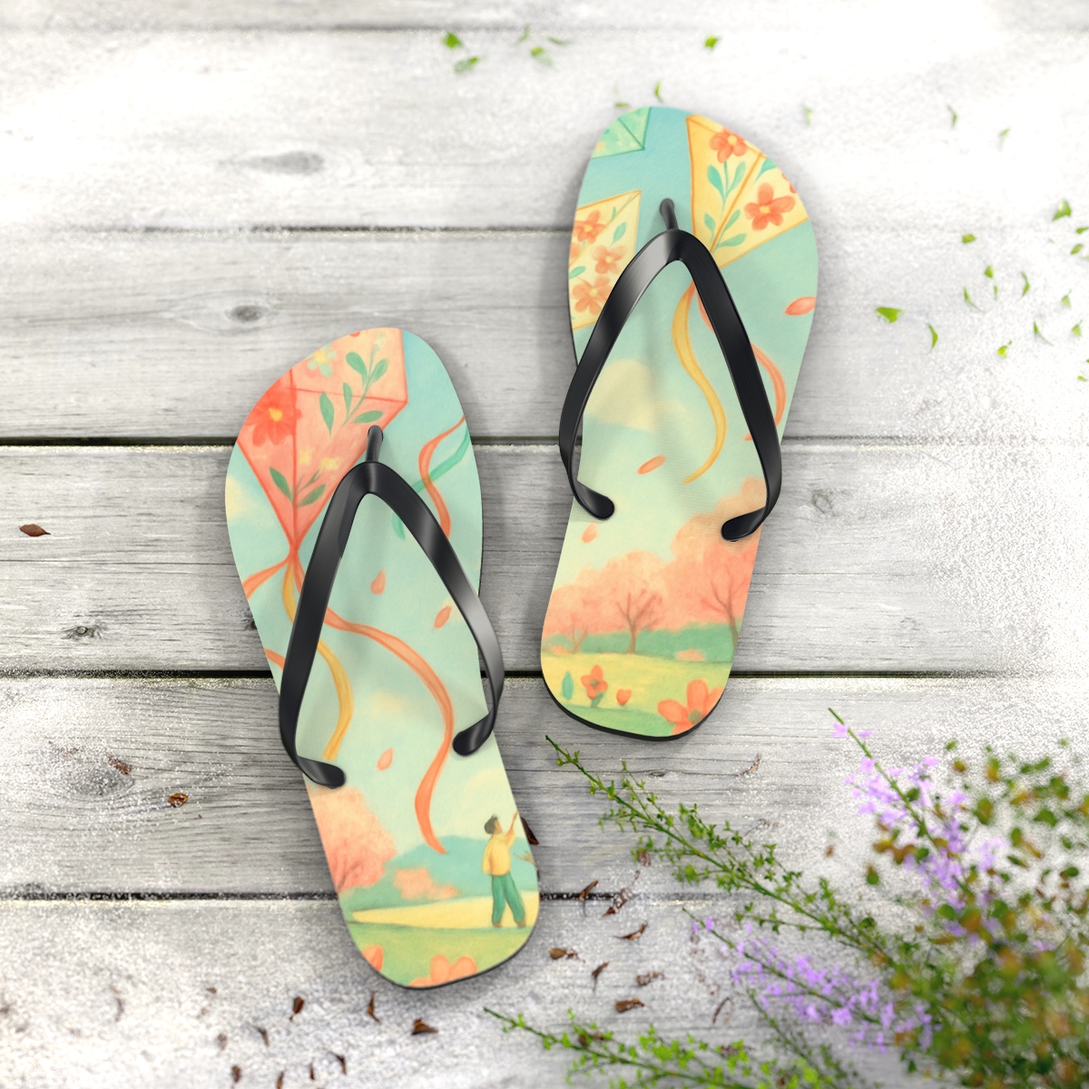 Spring Blossom Kite Dance trendy printed flip flops