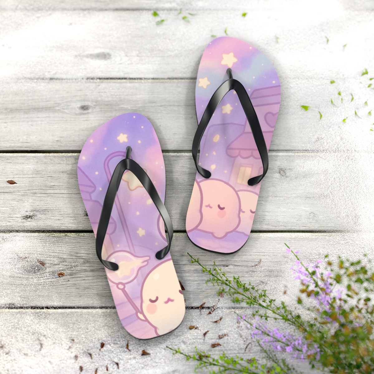 Pastel Comet Mochi Parade designer logo flip flops