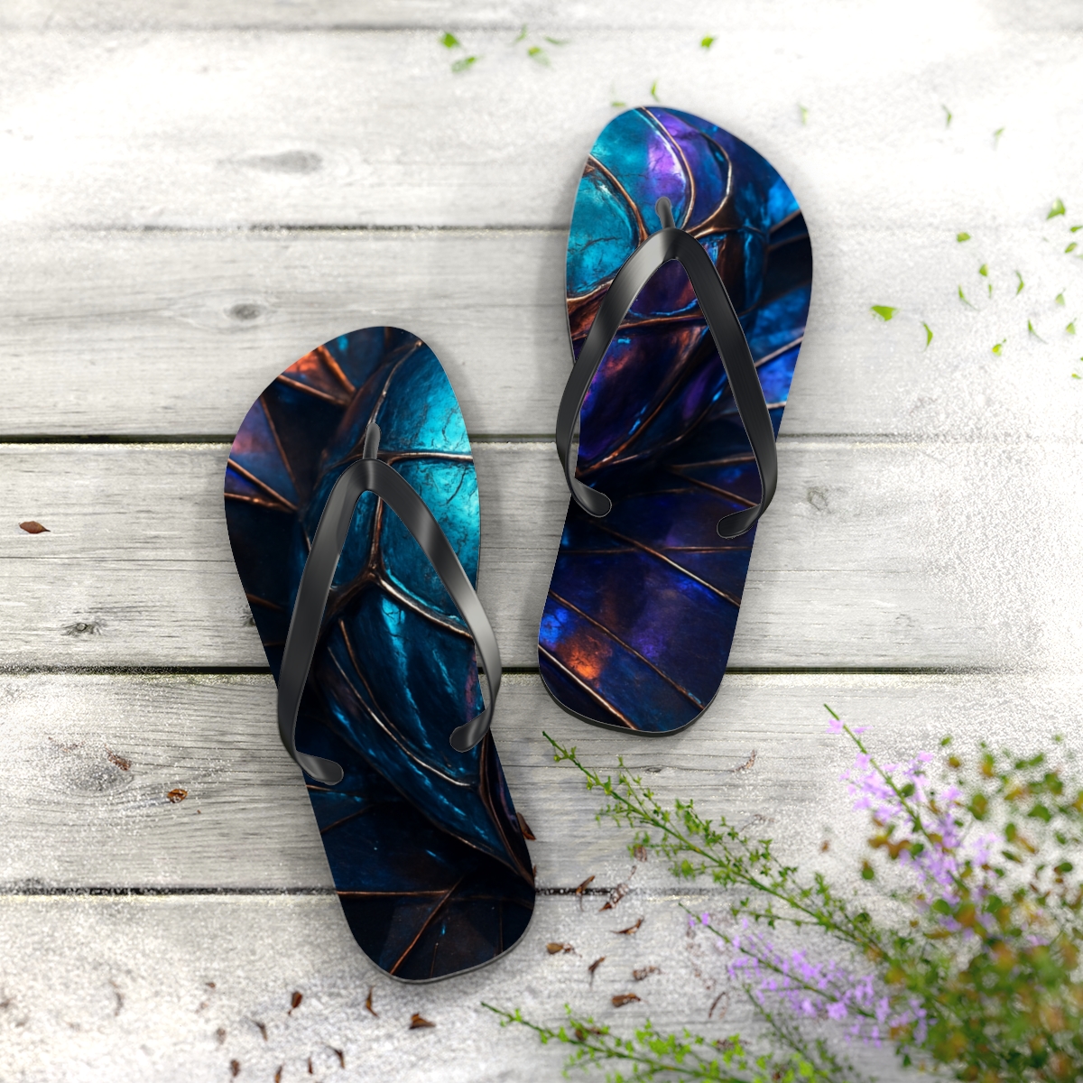 Iridescent Carapace designer logo flip flops