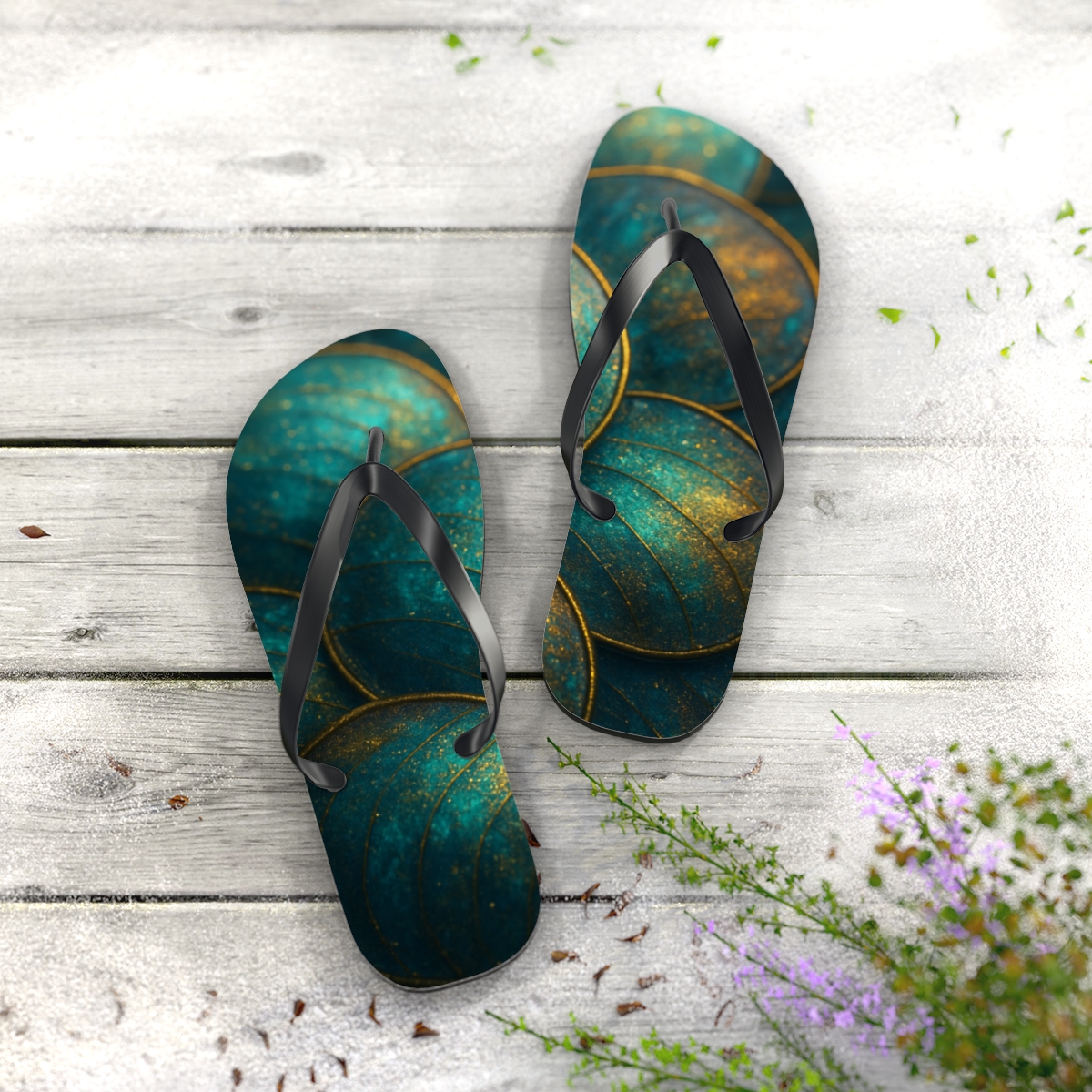 Iridescent Beetle Mosaic soft sole flip flops