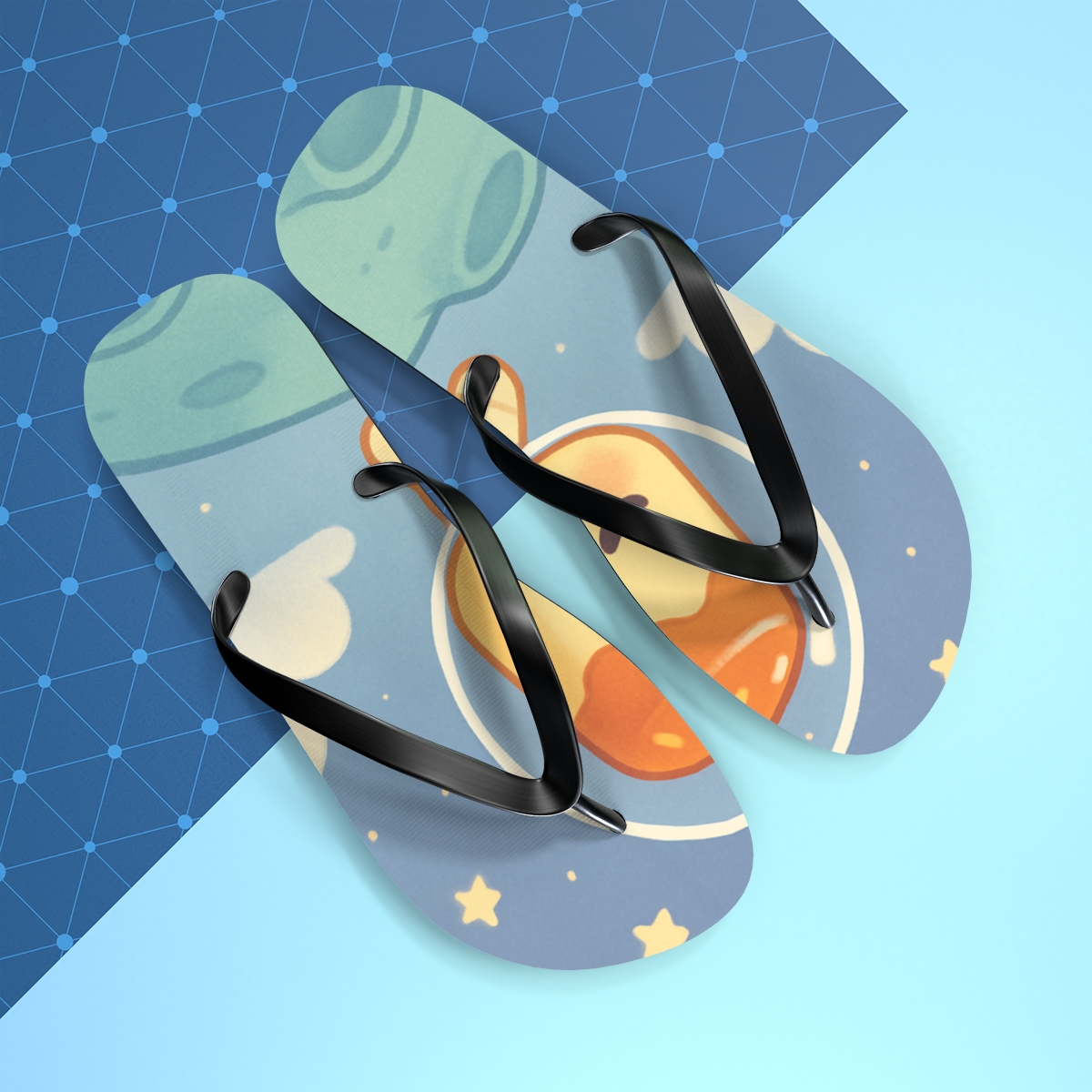 Cosmic Pudding Astronaut designer logo flip flops