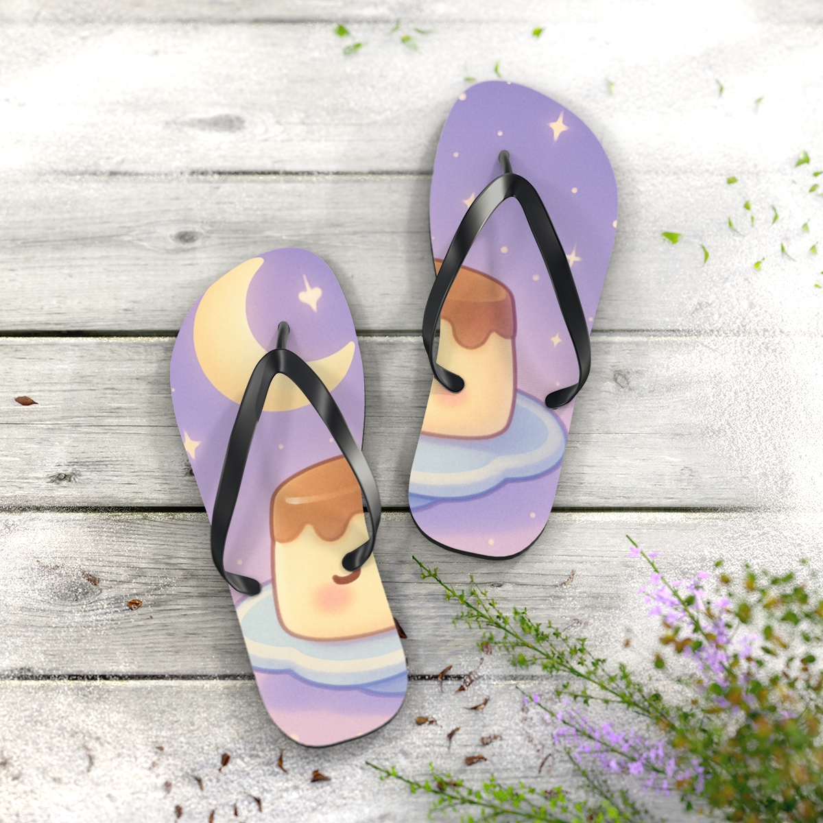 Sleepy Moon Pudding Pals trendy printed flip flops
