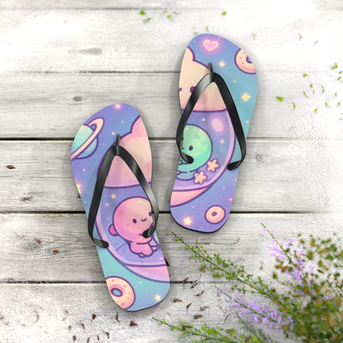 Cosmic Mochi Galaxy Cafe personalized beach flip flops