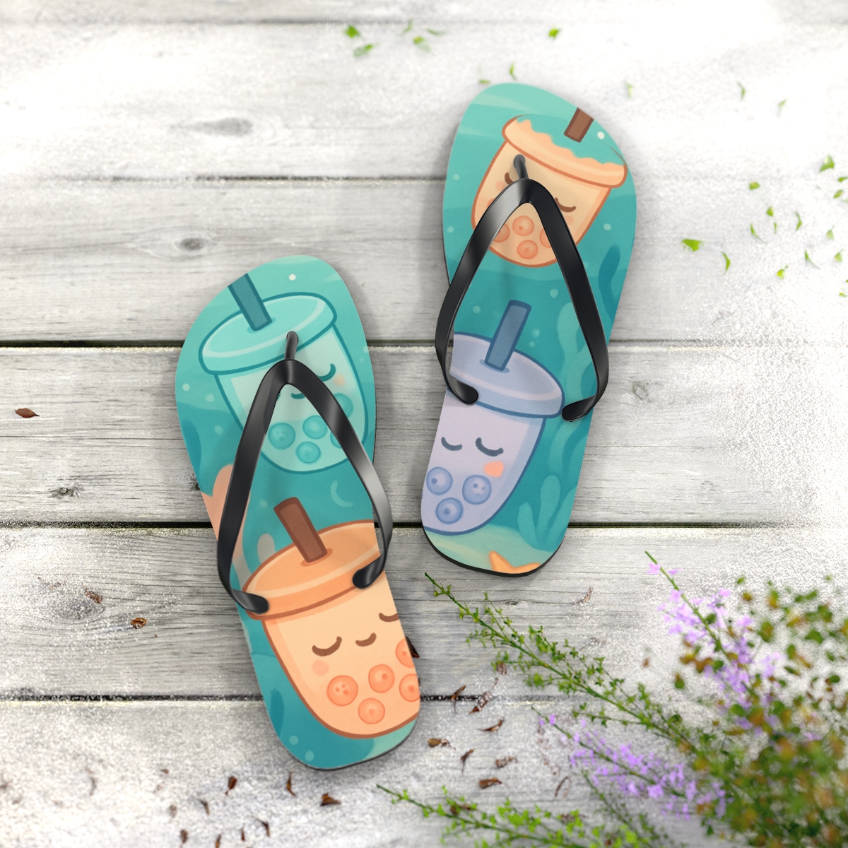 Sleepy Bubble Tea Sea Creatures personalized beach flip flops