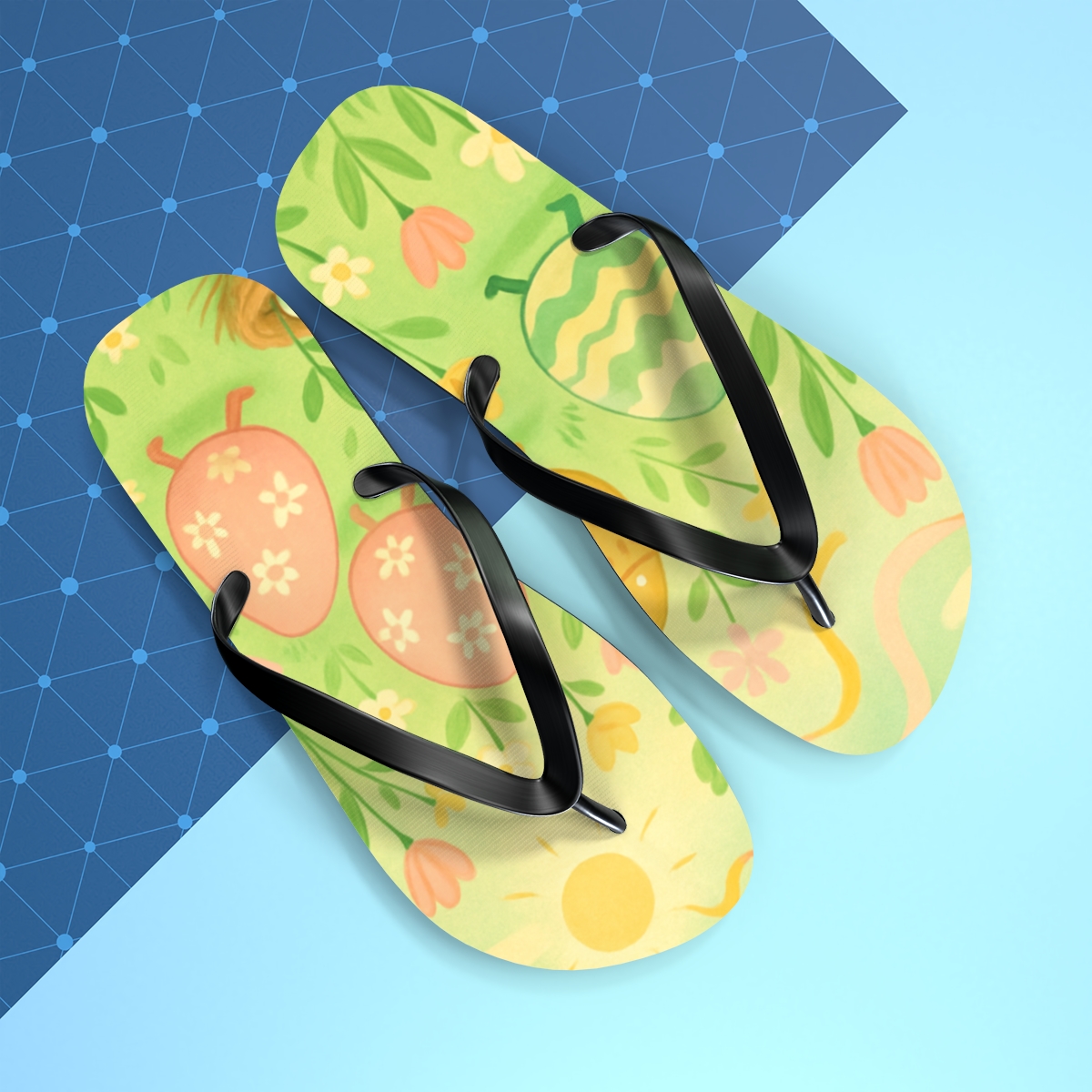 Spring Egg Meadow Parade designer logo flip flops