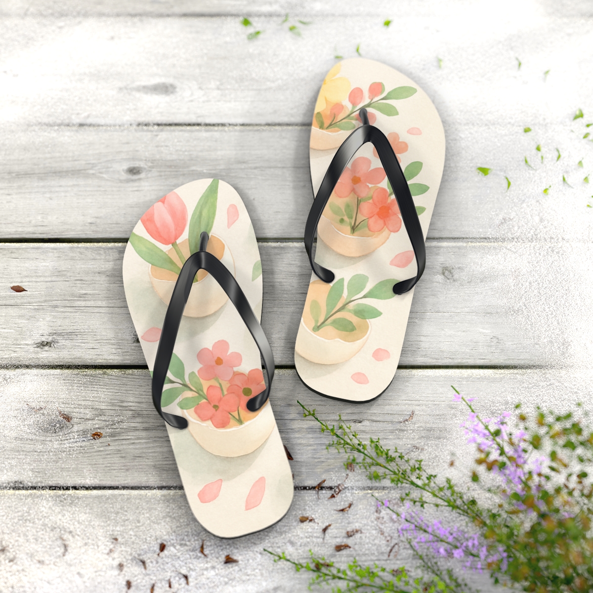 Spring Eggshell Blossom Parade personalized beach flip flops