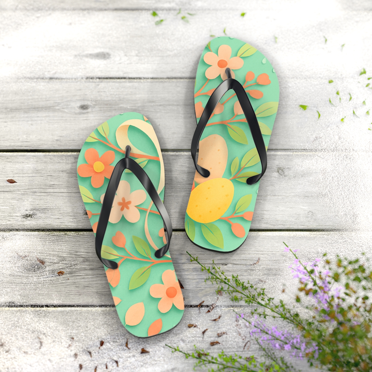 Spring Equinox Ribbon Garden unique graphic flip flops