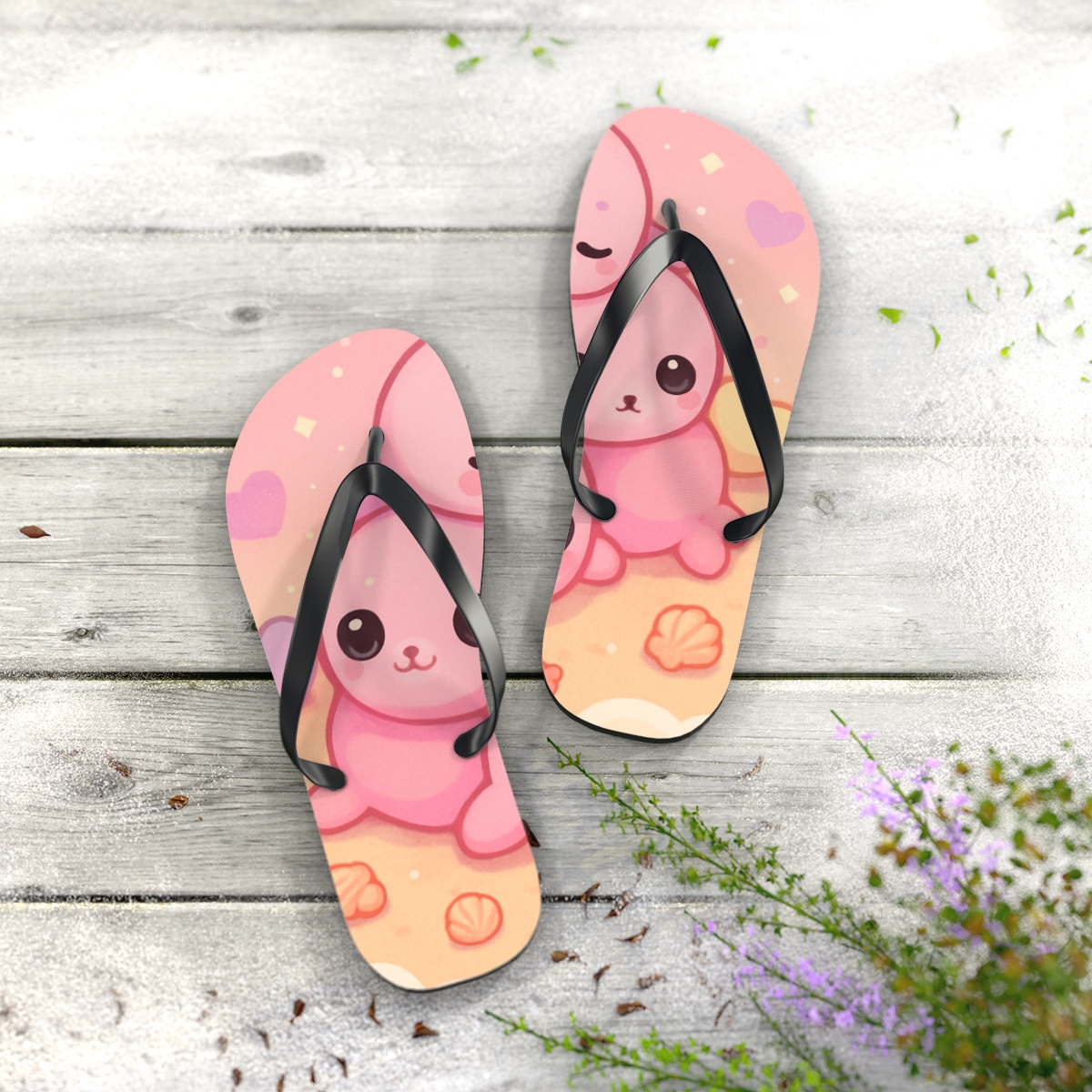 Bubblegum Seal Slumber designer logo flip flops